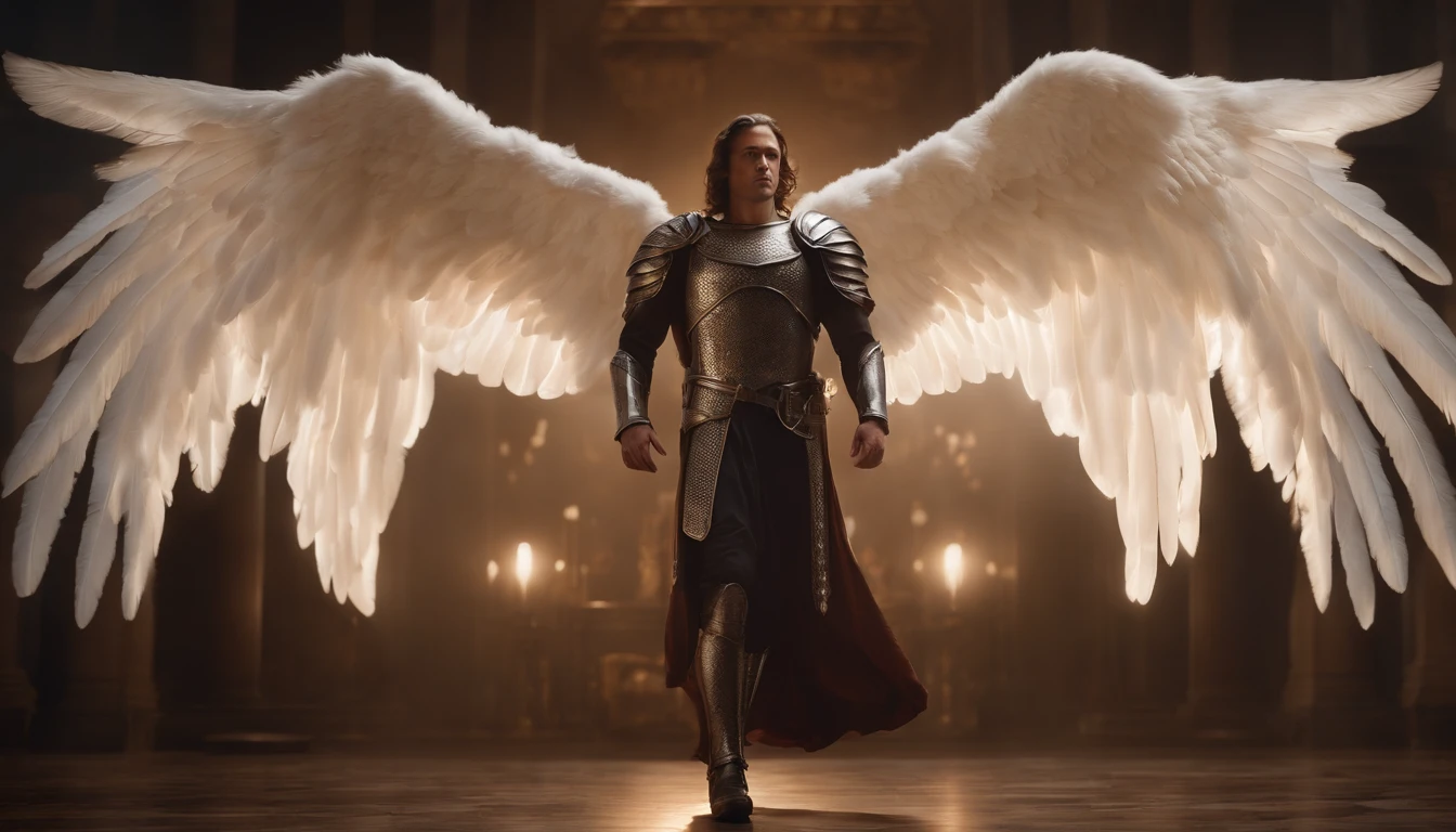 Archangel Michael with white wings The scene is magnificent and surreal. (melhor qualidade, 4k, 8k, alta resolução, master part:1.2), ultra-detalhado, (realisitic, fotorrealista, Realista:1.37), Retrato de um, vivid colors, studio lit, foco nítido, physics based rendering, extreme detail description, Bible Topics, Grande ambiente, luz radiante.