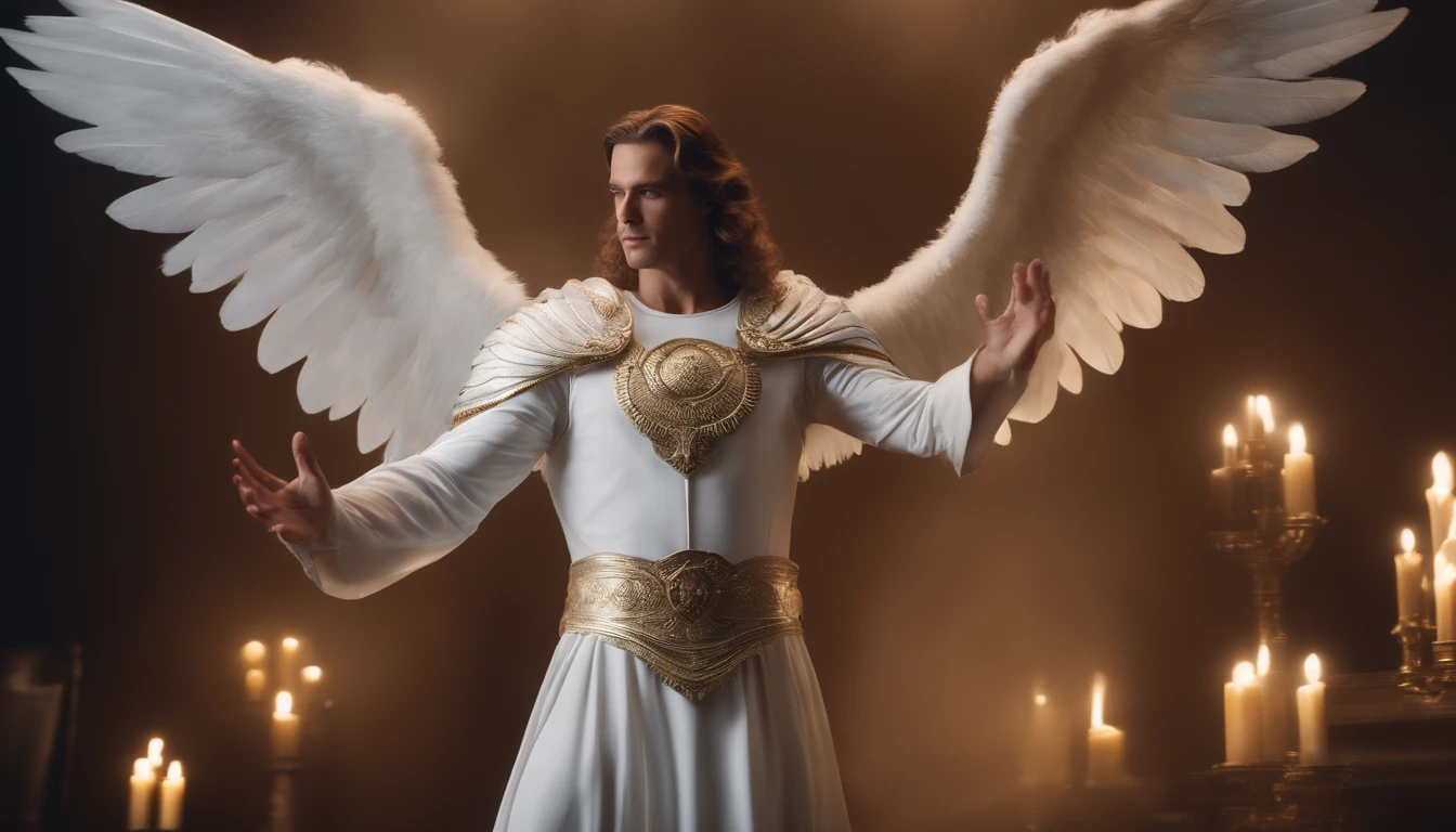 Archangel Michael with white wings The scene is magnificent and surreal. (melhor qualidade, 4k, 8k, alta resolução, master part:1.2), ultra-detalhado, (realisitic, fotorrealista, Realista:1.37), Retrato de um, vivid colors, studio lit, foco nítido, physics based rendering, extreme detail description, Bible Topics, Grande ambiente, luz radiante.