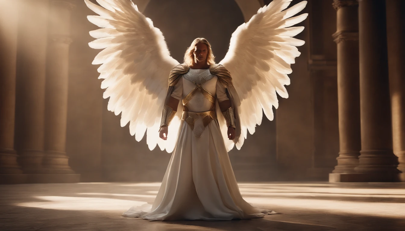 Archangel Michael with white wings The scene is magnificent and surreal. (melhor qualidade, 4k, 8k, alta resolução, master part:1.2), ultra-detalhado, (realisitic, fotorrealista, Realista:1.37), Retrato de um, vivid colors, studio lit, foco nítido, physics based rendering, extreme detail description, Bible Topics, Grande ambiente, luz radiante.