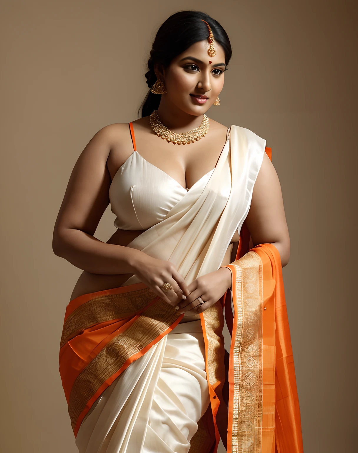 a woman in a white and orange sari posing for a picture, dressed in a sari, wearing a sari, nude breast ,no blouse , alluring plus sized model, assamese aesthetic, wearing sari, indian goddess,, breast, nipple, traditional beauty, very seductive pose, studio shoot, modeling  shoot, with lovely look,