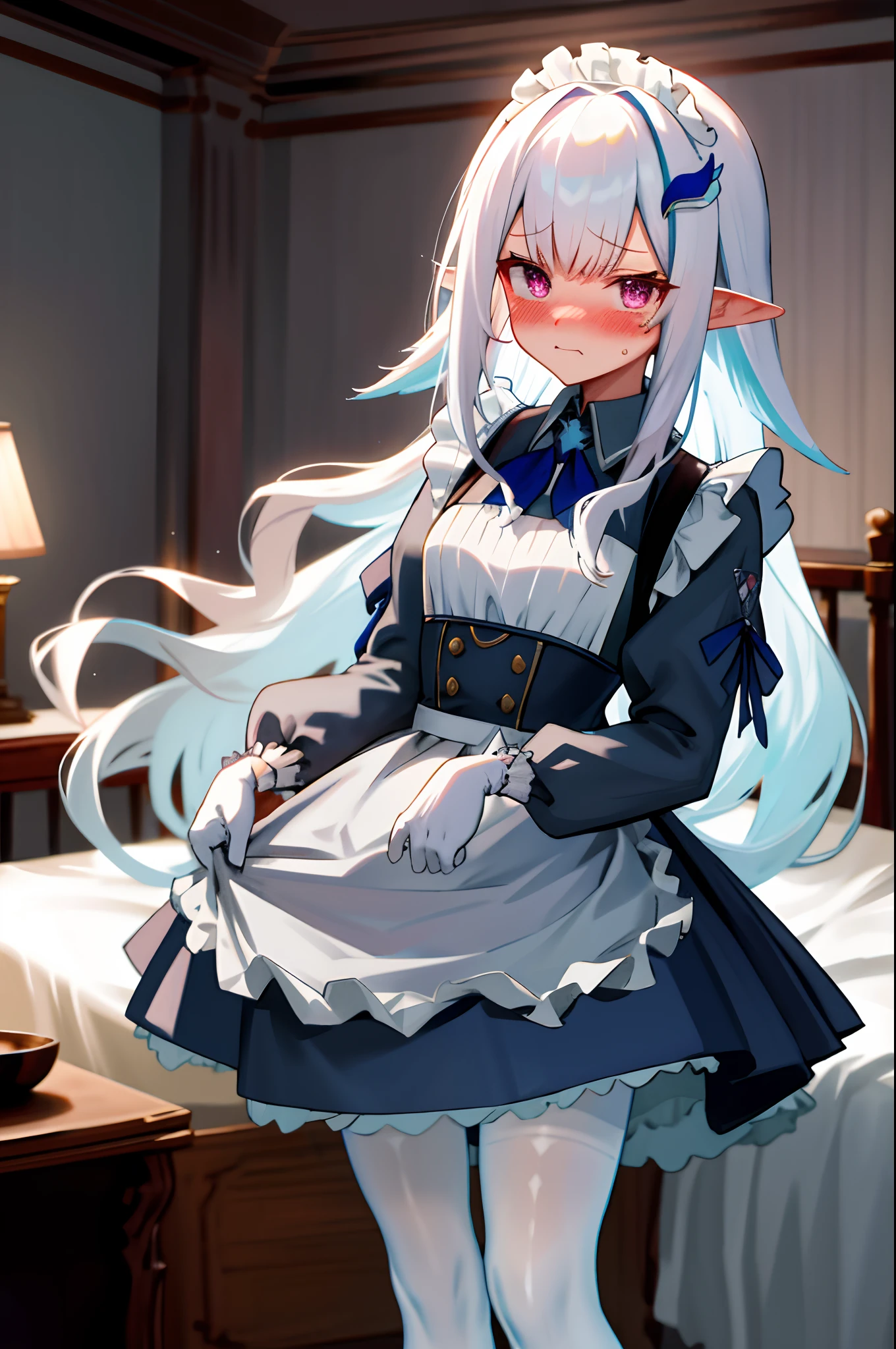 One girl with long wavy hair, white hair, looking at viewer, embarrassed, blushing, tears, indoor , maid dress, black maid dress, maid apron, maid head accessories, puff long sleeves, mini skirt, thigh, pointy ears, perfect waist, bed, night atmosphere, hair ornament, standing, white pantyhose, skirt lift, white panties, panties, lace gloves, panties visible