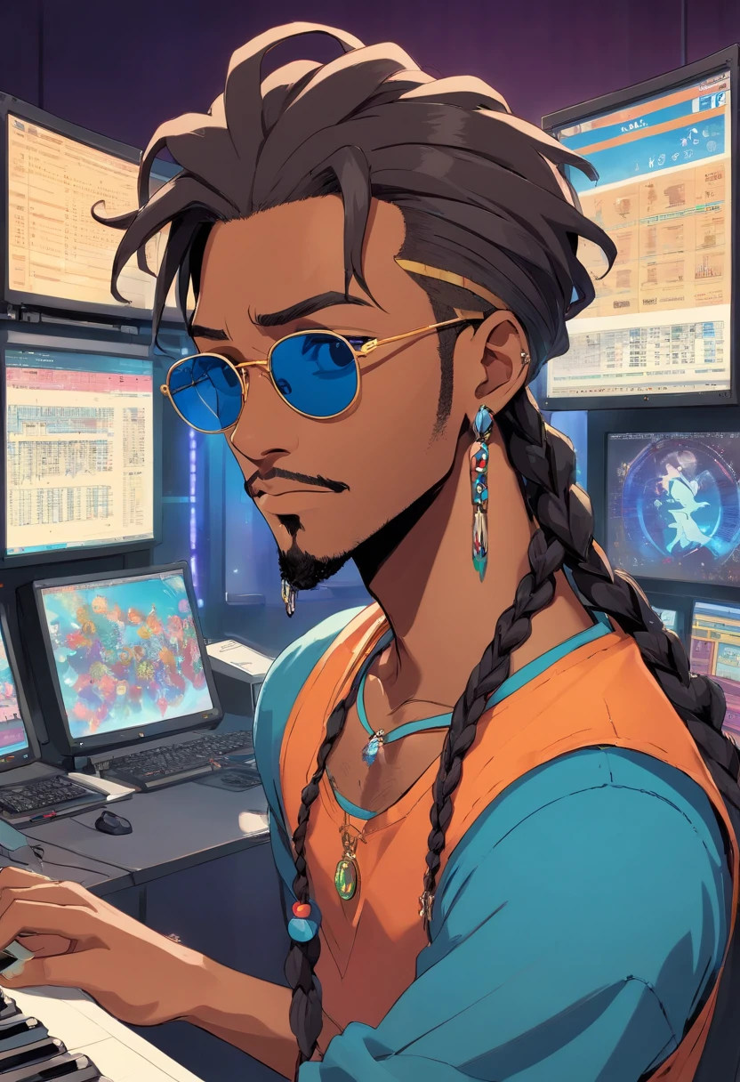 Asian manga-style drawing of a black man with sunglasses, an earring, long braids, and a stubble beard. Dressed in rock and roll style. Computer screens and hacker. Lots of technology