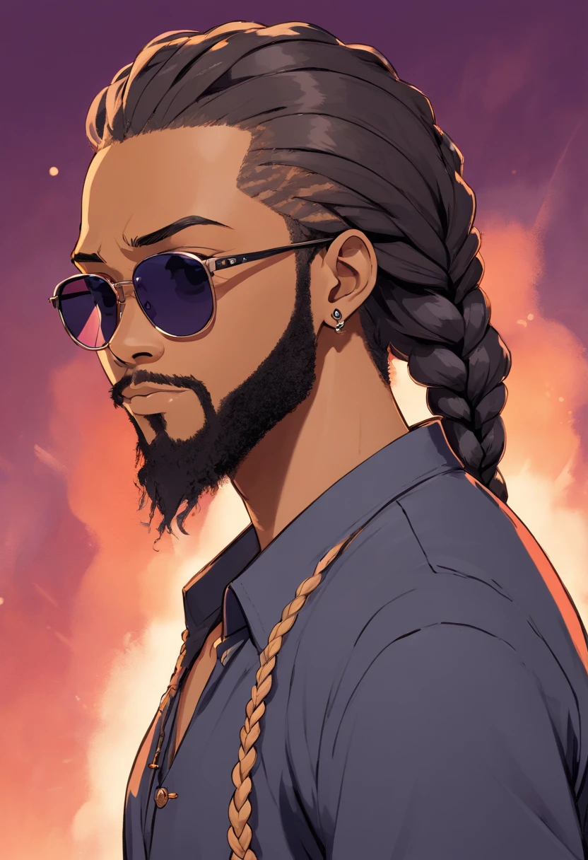 Asian manga-style drawing of a black man with sunglasses, an earring, long braids, and a stubble beard. Dressed in rock and roll style. Computer screens and hacker. Lots of technology