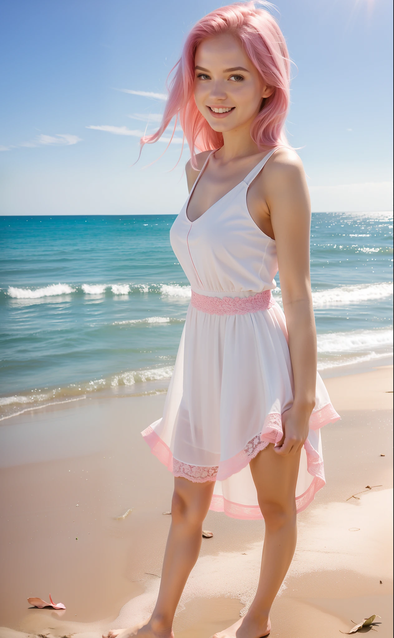 Beautiful long bare feet. Short dress with pink lace. Long pink hair blowing in the wind.