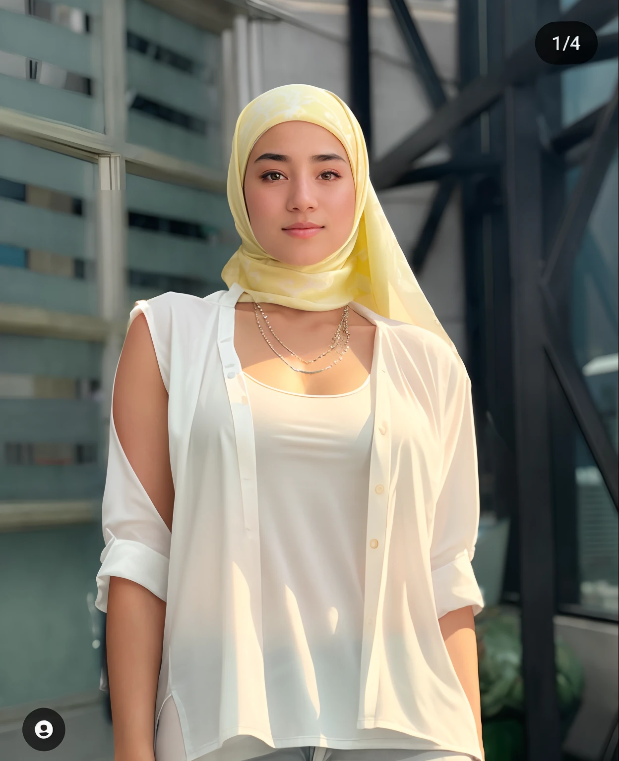 night, cityscape,city lights, 1girl,upper body, close-up, white shirt, (8k, RAW photo, best quality, masterpiece:1.2),(realistic, photo-realistic:1.37), hijab, singlet, medium breast, necklace outfit, sleeveless, miniskirt