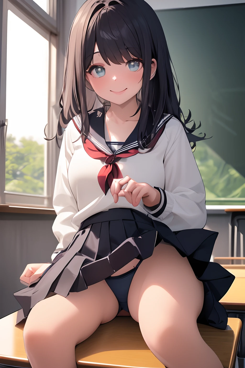 best quality detail:1.2, hentail realism, 8K UHD, A high resolution, 1girl in:1.2, The ultra-detailliert, High quality textures, intricately details, detaileds, Very detailed CG, High quality shadows, Detail Beautiful delicate face, Detail Beautiful delicate eyes, depth of fields, Ray traching, Women over 24 years of age, Beautiful pop girl, Korean Urzan face:1.1, Slender face, ulzang-6500-v1.1:0.6, PureErosFace_V1, glowing light eyes, teak, Glossy lips, perfect bodies、((wearing a high school uniform))、Very very cute face、(YDark blue mini pleated skirt on shirt、Underwear under clothes、、panties on)、Infatuated posture、legs are open、((Lift her skirt with one hand、She revealed her panties.:1.2,)),Clear focus:1.2,The body is perfect:1.4,The best smile,,Carmelto、Photorealsitic:1.4, ultra - detailed, Photos realistic, Full color original photo, Fuji Film(Medium format:1.2), hasselblatt:1.2, Carl Zeiss:1.1, Incredible dynamic range photography(util_The art of Smus-768:1.1), A high resolution, high pixel count, Clear details, Sharp Images, Natural color reproduction, denoised, High fidelity, quality, Software improvements, upscaled, Optimization algorithm, Professional-grade grooming、(((School classrooms)))