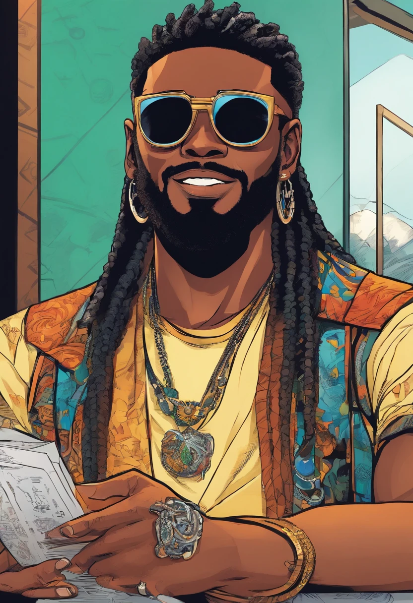 Asian manga-style drawing of a black man with sunglasses, an earring, long braids, and a stubble beard. Dressed in rock and roll style. Computer screens and hacker. Lots of technology