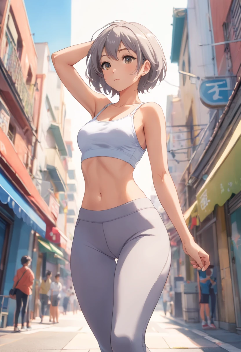 half body wide angle professional photo of a beautiful young slim spanish woman, one slim woman walking in natural pose, ((front left side photo)), (((perfect slim flat tummy showing))), ((white short hair)), (((grey tight low waist leggings))), ((groin showing over leggings waist)), ((white loose small crop top)), under boob, cleavage, (large breasts:1.0), (thick thighs:1.0), power round breast, thigh gap, slim legs, ((sexy slim waist showing)), ((hips showing)), ((belly button showing)), landscape city background, low depth of field, vanishing point, bright light photo, real casual photography, natural relaxed pose, realistic natural style, centered, symmetrical, knee-shot from below photo, wide angle, nikon Z9 35mm F1.8, by David lazar and joel Santos, sexy body
