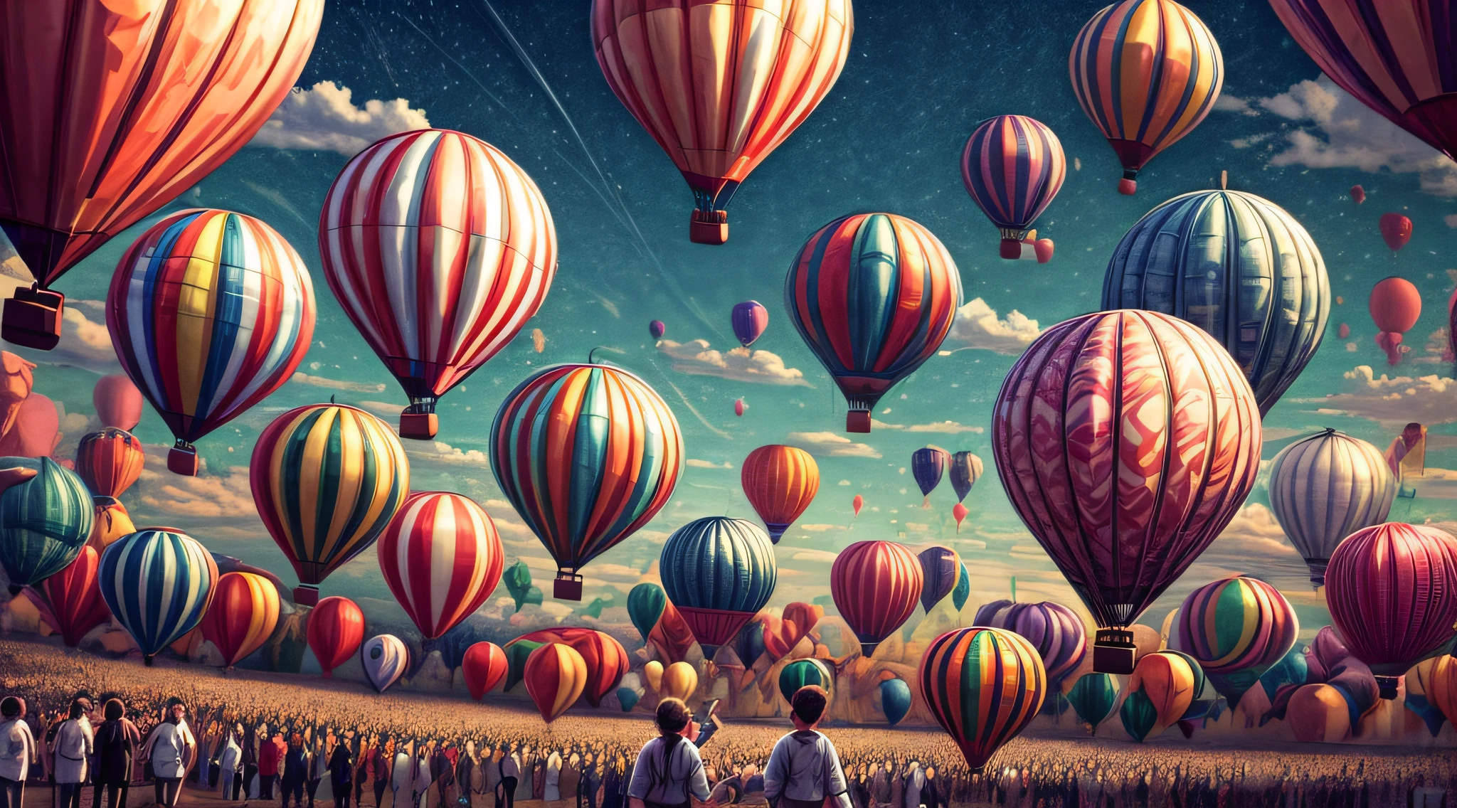 A splendid hot-air balloon festival in full swing, a multitude of colorful balloons ascending into a clear, blue sky, creating a kaleidoscope of colors, with people below gazing in awe and wonder, capturing the excitement and festivity of the event, Illustration, digital art