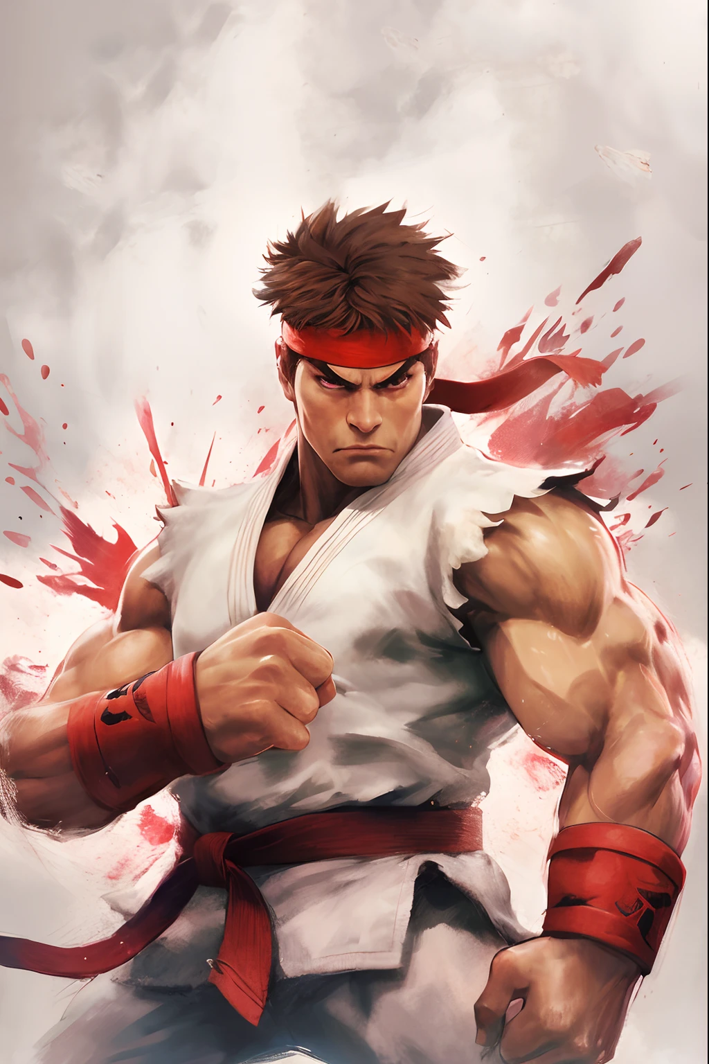 um close up de um homem com um cinto vermelho e uma camisa branca, Ryu, Street Fighter, personagem de jogo de luta, Hadouken, Lutador de rua, Lutador de Rua IV, postura de luta, badass anime 8 k, em pose de luta, Arte HD, 4k high res, Arte 4K, em uma postura de luta, estilo anime 4K, fan art, Pose de lutador
