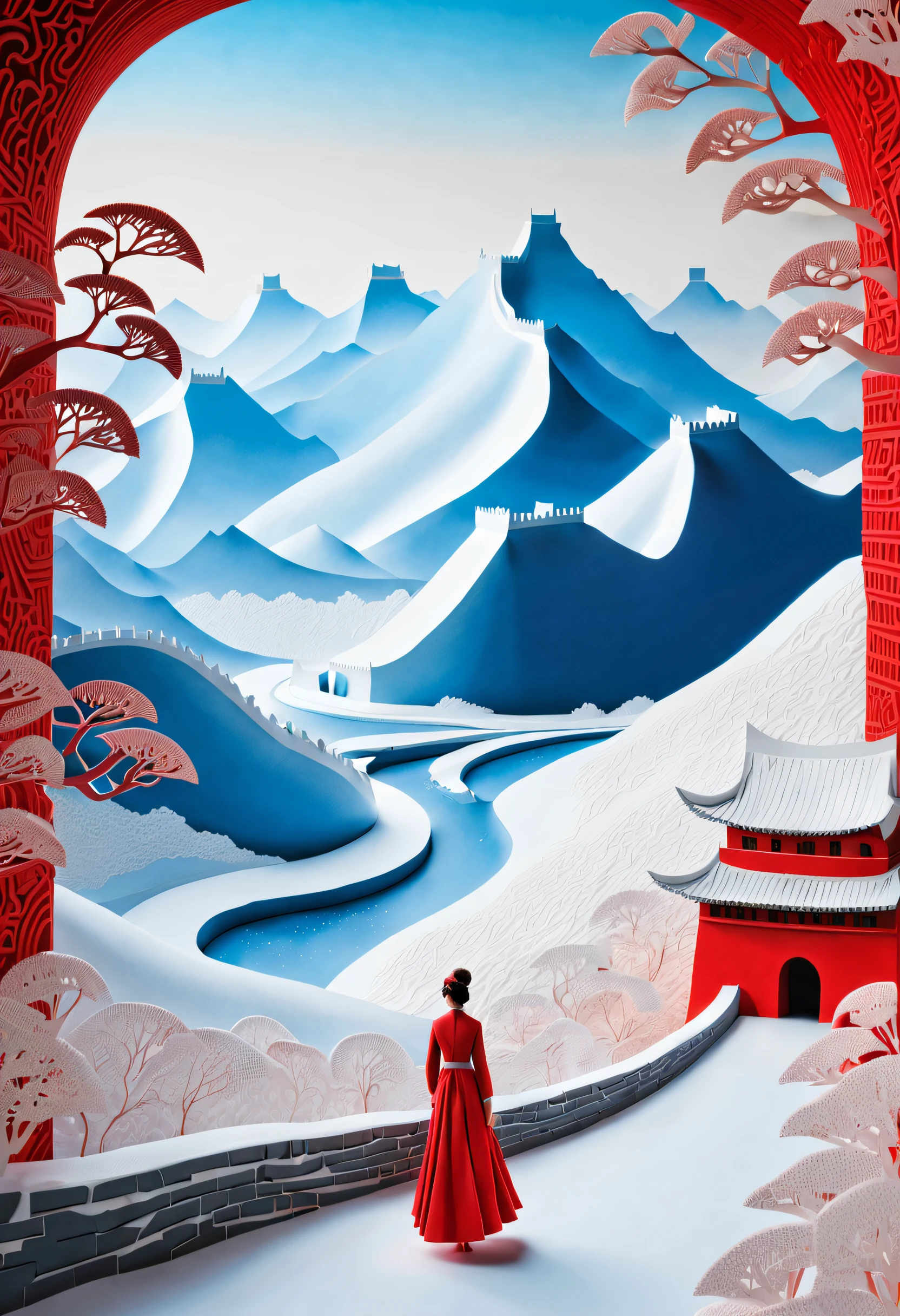 （paper art，Quilted paper art，geomerty），Complex illustration in paper cut art style，Paper_cut,Northern scenery，Thousands of miles frozen，Thousands of miles of snow。 Looking inside and outside the Great Wall，But reckless；Up and down the river，Suddenly lost。 Sunny days，Look at the red dress，It's enchanting。 There are so many delicate rivers and mountains，((((Masterpiece))), Best quality,Rendered in 3D，And draw inspiration from postmodern art, As a play by the Guggenheim,best qualtiy，realisticlying，realisticlying，super-fine，highly elaborate carvings on ,