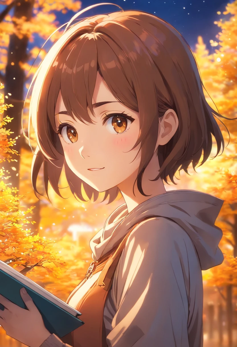 1girl,magic,mountain,brown hair,golden tree,shot from waist up,studying,surprised face,beautiful smile,saturated image,(best quality,4k,8k,highres,masterpiece:1.2),ultra-detailed,(realistic,photorealistic,photo-realistic:1.37),HDR,UHD,studio lighting,extremely detailed eyes and face,sharp focus,long eyelashes,vivid colors,portraits,((strong bokeh blur effect)),warm-toned lighting