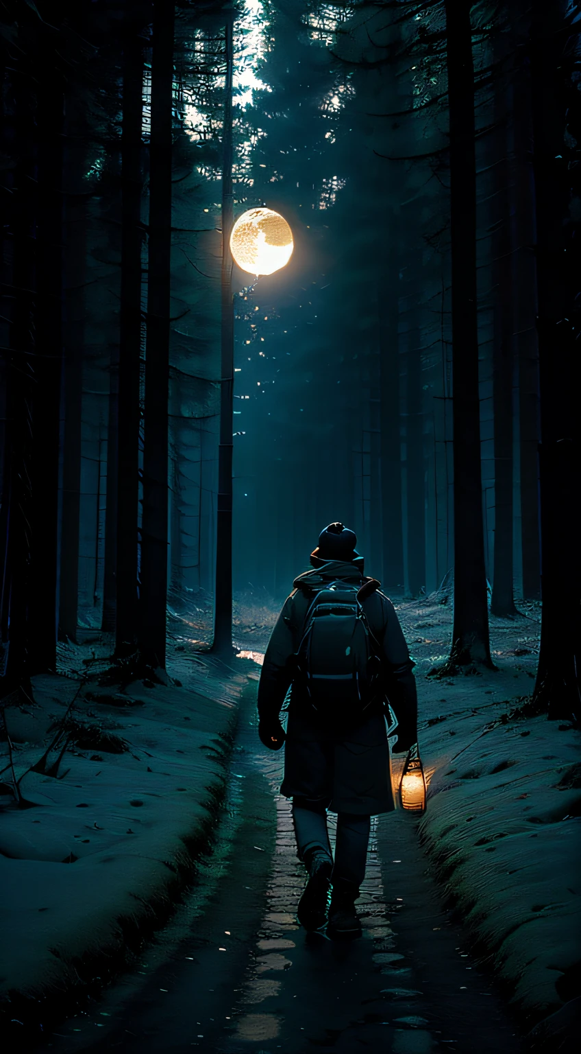 Wanderer entering a dark, enclosed forest in winter at night with a lantern in hand, he sees many stars, a lua e os planetas no final da floresta. he's on his back, roupa de inverno militar outfit