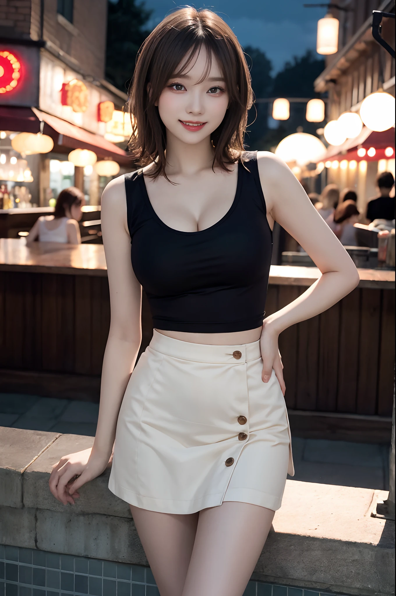Top image quality、Raw photography、超A high resolution、An 18-year-old woman、Shooting for one person only、Gravure photography、big round chest、cleavage of the breast、tshirts、Tank Tops、a miniskirt、Wearing a black skirt、swim wears、Beautiful Eyes of Details、very elongated eyes、Beautiful eyelashes、Beautiful double eyelids、very slender legs、Shorthair with light brown hair、very slender physique、Laughing、nighttime scene、Stylish Bar