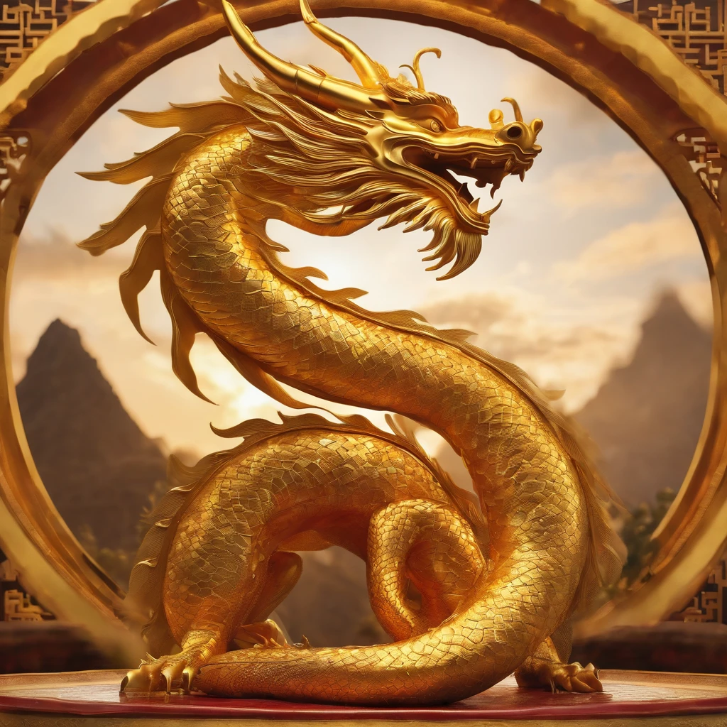 Chinese style golden dragon,Dragon on the ground,see diamond crystal,,background chinese style,Mountains and rivers,dragon huge,background flag waving,The flag writes the letters NT,Diamonds scattered on the ground