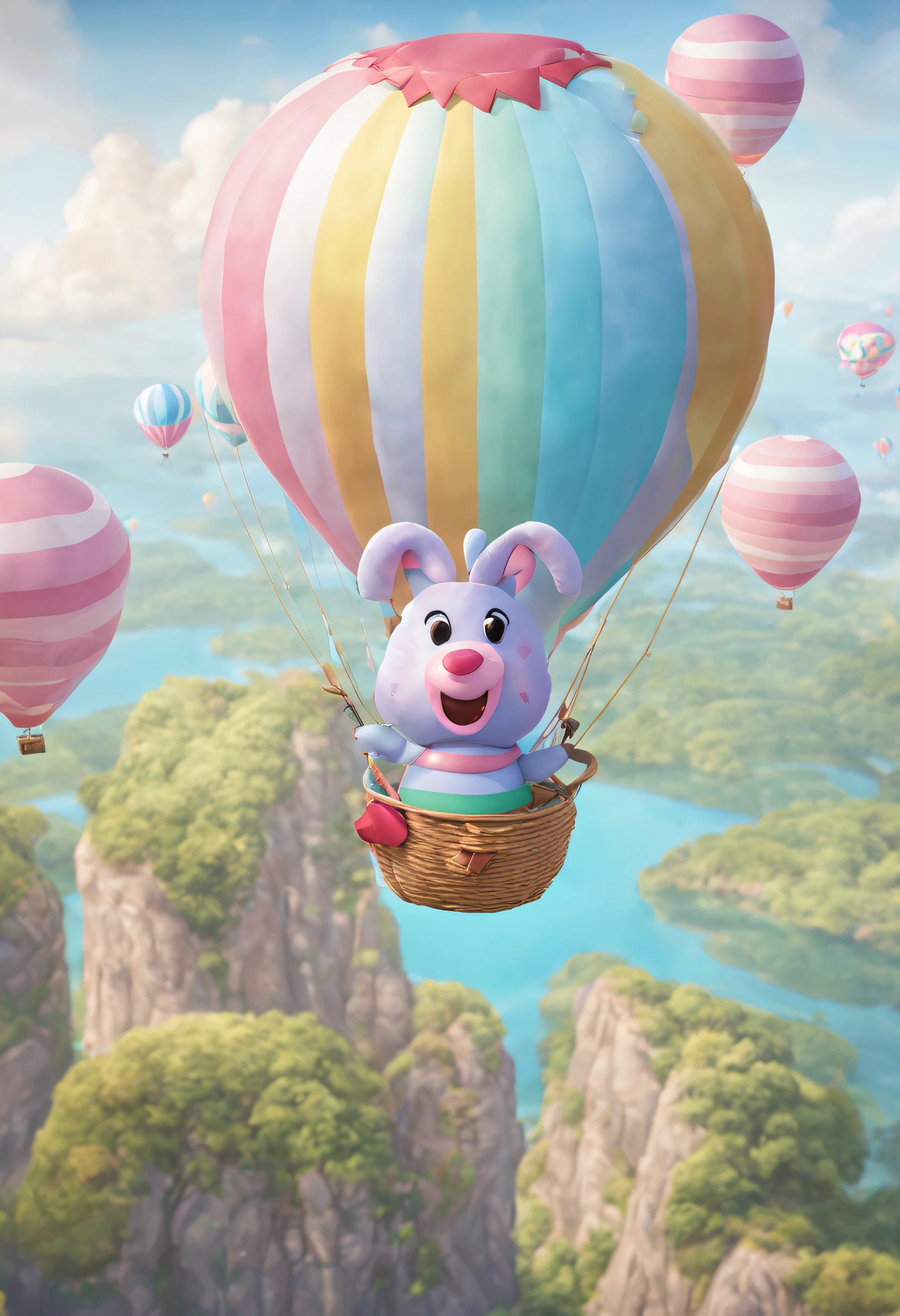 Breezy the Balloon! 🎈🌤️ Breezy is a playful, pastel-colored hot air balloon character with a cute smiling face and rosy cheeks. She sports a striped pattern and a woven basket with a tiny flag. Breezy enjoys floating high above the clouds, sharing breathtaking views and thrilling escapades with her friends. #BreezyTheBalloon #SkyHighAdventures #PastelVoyager #CartoonJourneys #FloatingFriends