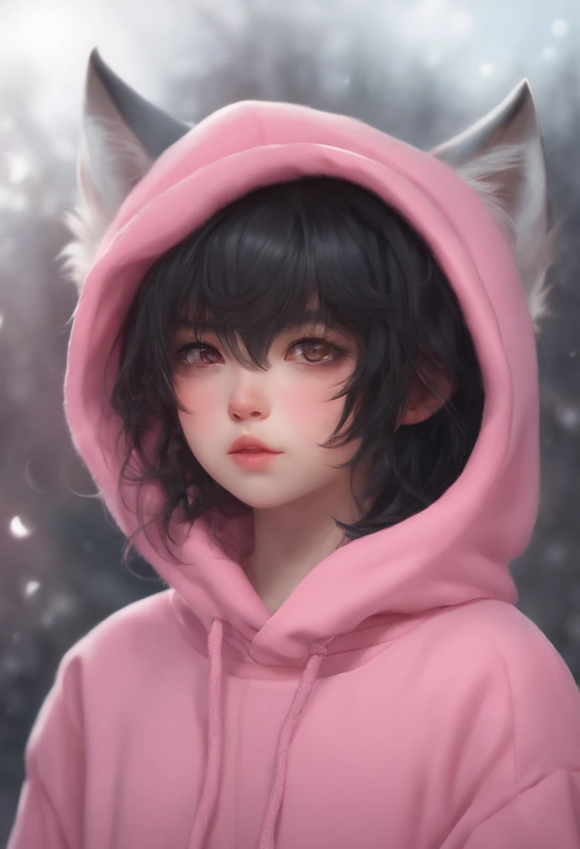 (1 Boy 1.2), Wolf tail hair, Cut bangs, cute face, Black hair, Best image quality, (Masterpiece 1.2), masterpiece, Beautiful shit, wearing pink hoodies