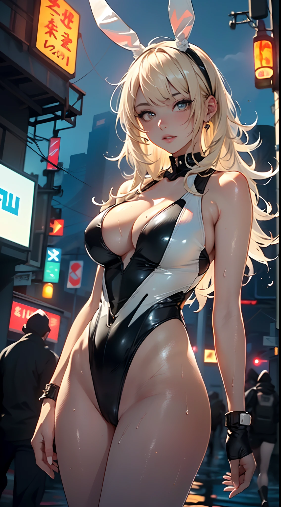 cute bunny girl,(((1girl))),((bunny girl with extremely cute and beautiful blonde hair)),(((bunny girl,anthro furry cute,bunny-girl))),(((bunny ears,bunny ears on head,big bunny ears))),
(large breasts:1.4),saggy breasts,(((blonde hair:1.35,colored inner hair,ear breathing,long hair))),((heterochromia:1.5, (pink_eye and yellow_eye))),intricate eyes,beautiful detailed eyes,symmetrical eyes,((fat)),(((lustrous skin:1.5,bright skin: 1.5,skin tanned,shiny skin,very shiny skin,shiny body,plastic glitter skin,exaggerated shiny skin,illuminated skin,wet legs))),(spider lower abdomen,narrow waist,wide hip,athletic body,inflated legs,detailed body,(detailed face)),
cute,slutty,seductive,erotic,(((nsfw))),
zettai ryouiki,((slingshot swimsuit black,wearing a slingshot swimsuit outfit:1.3,swimsuit type spacesuit,black armor swimsuit:1.3)),(((huge cleavage))),((wet clothes,intricate outfit,intricate clothes)),
(dynamic pose:1.0),solo focus,embarrassed,(centered,scale to fit dimensions,Rule of thirds),
cyberpunk city by the ocean at night, with bright neon signs and dark stormy clouds and puddles, scenery:1.25,
highres, sharp focus, (ultra detailed, extremely detailed), (photorealistic artwork:1.37),(extremely detailed CG unity 8k wallpaper),((synthwave background theme)),(((vibrant colors))),(intricate background),(masterpiece),(best quality),