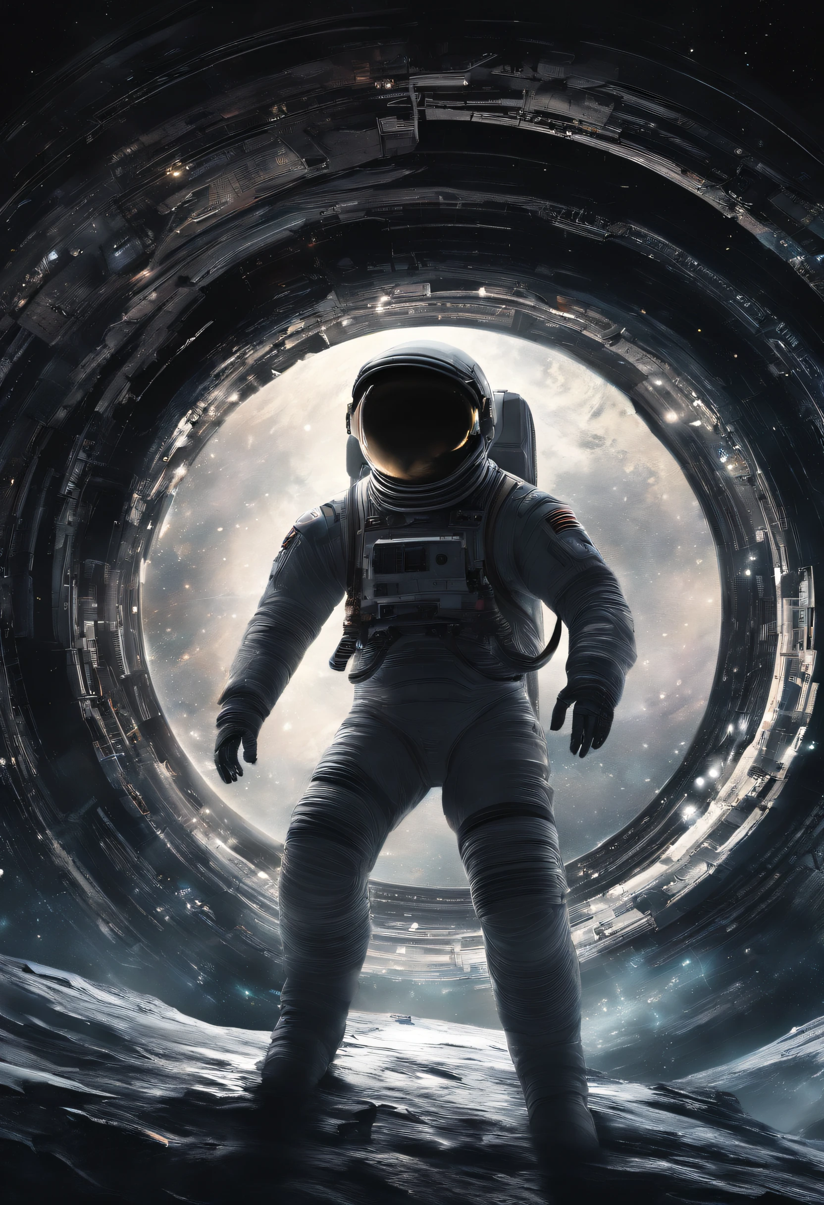 En Interstellar, An astronaut travels through a black hole in an interstellar universe,((Obra maestra)),(La mejor calidad)),Magnificent spatial image scene