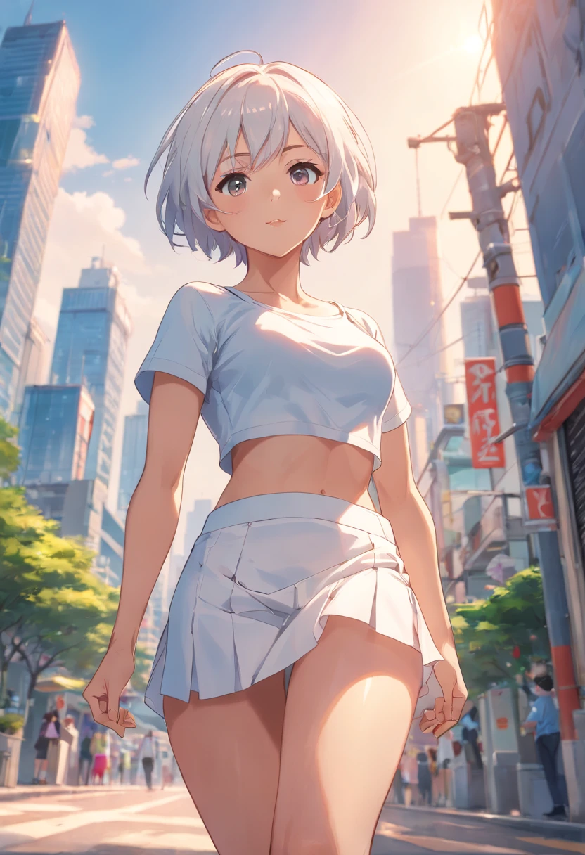 half body wide angle professional photo of a beautiful young slim spanish woman, one slim woman walking in natural pose, ((front left side photo)), (((perfect slim flat tummy showing))), ((white short hair)), (((white low waist mini skirt))), ((white loose small crop top)), under boob, cleavage, (large breasts:1.0), (thick thighs:1.0), power round breast, thigh gap, slim legs, ((sexy slim waist showing)), ((hips showing)), ((belly button showing)), landscape city background, low depth of field, vanishing point, bright light photo, real casual photography, natural relaxed pose, realistic natural style, centered, symmetrical, knee-shot from below photo, wide angle, nikon Z9 35mm F1.8, by David lazar and joel Santos, sexy body, sexy expression