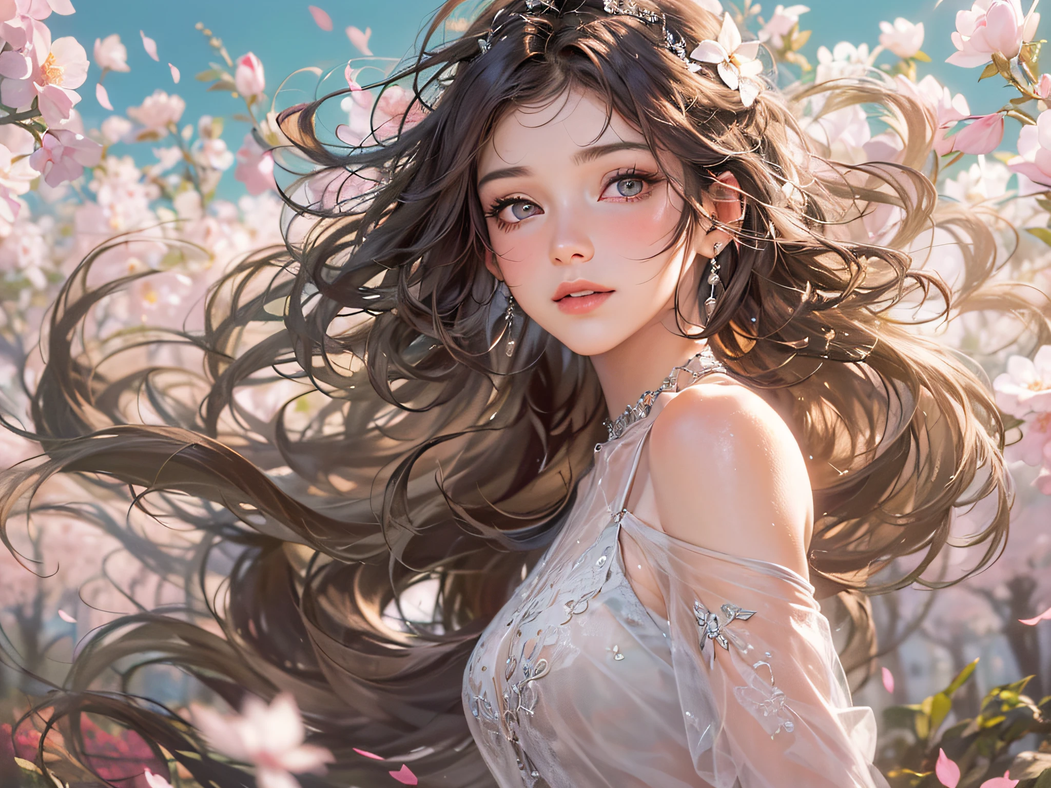 (absurd, high resolution, ultra detailed), 1 girl, alone, mature, (long wavy dark gray hair), white dress, elegant, holy, colorful, more detailed, portrait, close-up, underwater, floating hair, flower, sad, with tears.