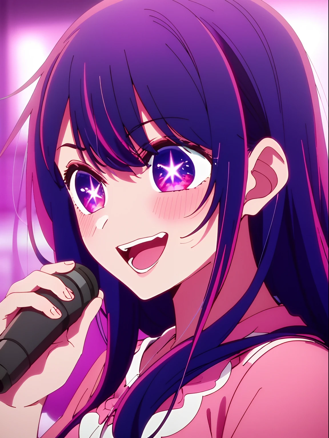 巨作、higly detailed、(1 girl in:1.2)、Purple hair color、pink dress、Big Eye、close up shot、smile、8k、Ai Hoshino、A venue for live performances、Artificial Intelligence Bose, 1Girl in, 独奏, smile, open mouth, one closed, star (symbol), Symbol-Shaped Pupils, pointing, microphone, simple backround、sweats