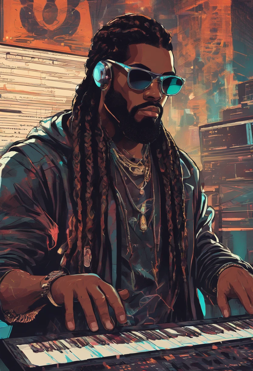 Black man with sunglasses, an earring, long braids, and a stubble beard. Dressed in rock and roll style. Using a cellphone next to computer screens with hacker imagery. Lots of technology in the background.