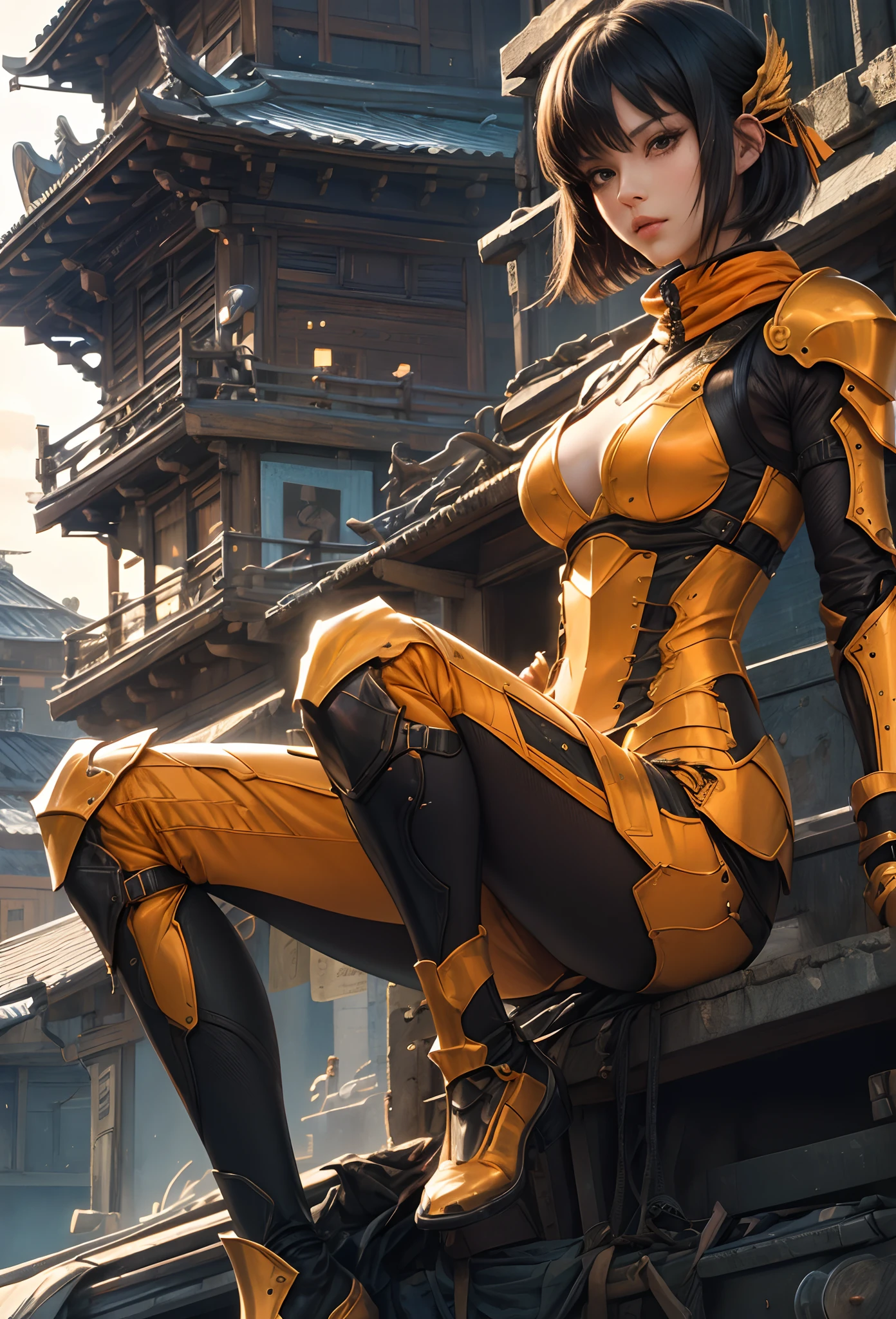 (Detailed illustrations,Very detailed and detailed drawing,Delicate lines with slow and rapid,Realistic texture expression),[Color tressed main line],[Shinjuku background at night],(ANIME) (NINJAGirl (Beautiful fece) 15yo student) well-muscled [Slim body] Short Bob Cut,([hornet] Orange Ninja Battle Armor) scarf [stall] ((Fitting rubber inner) [honeycomb] [edg]) hair adornments (Dull metallic luster:0.8),gravure [KUNOICHI],[highcontrast:0.6],(Intricate and beautiful decoration [Dense detail]),(Fine and beautiful skin expression [Transparency]),[Perfect eye details (Iris beautifully drawn in every detail)[Jewel-like eyes]],[long and beautiful eyelashes],[Meticulously drawn hair [More on beautiful and shiny hair]],(Perfect hand details [Fingers without breakdown [Beautiful nails]]),(Perfect Anatomy (Perfectly proportioned)) [[Full body like]],[[Design built to the highest level]][Ideal color coordination(Accurate simulation of light-material interactions)],(HighQuality,[Precision Detail] hight resolution,(detaileds,high-detail)),[Visual art that conveys a sense of narrative].