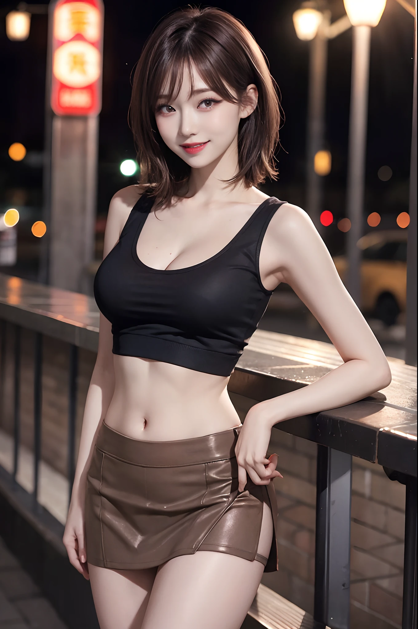 Top image quality、Raw photography、超A high resolution、An 18-year-old woman、Shooting for one person only、Gravure photography、big round chest、cleavage of the breast、tshirts、Tank Tops、a miniskirt、Wearing a black skirt、swim wears、Beautiful Eyes of Details、very elongated eyes、Beautiful eyelashes、Beautiful double eyelids、very slender legs、Shorthair with light brown hair、very slender physique、Laughing、nighttime scene、Stylish Bar