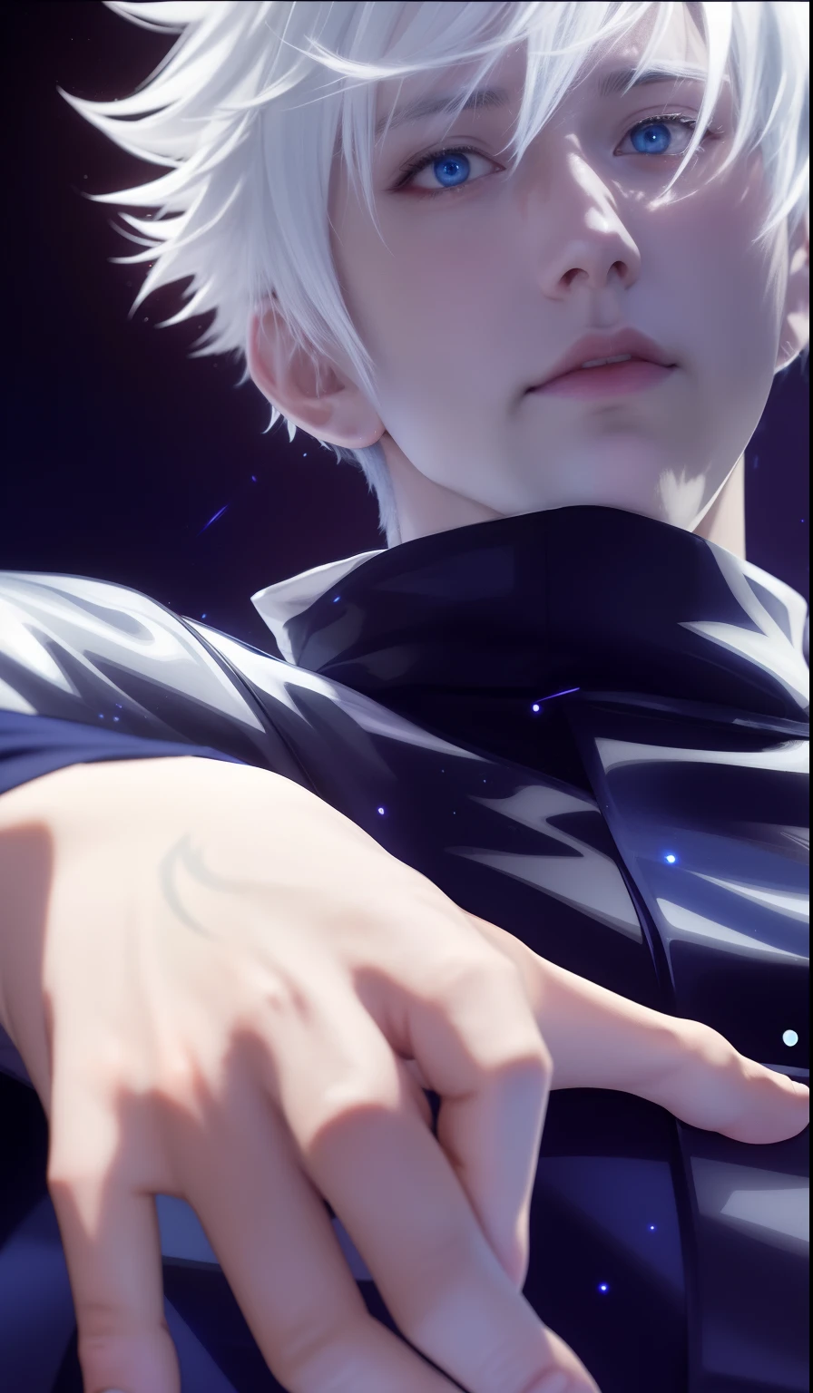 anime guy with white hair and glasses pointing at something, 4 k manga wallpaper, jujutsu kaisen, ken kaneki, best anime 4k konachan wallpaper, genos, genos from one punch man, kaneki ken, detailed digital anime art, tokyo ghoul, killua zoldyck portrait, anime cover, killua zoldyck, highly defined realistic anime version, highly 8k realistic anime version, blue eyes, black outfit, colourful lightening background.