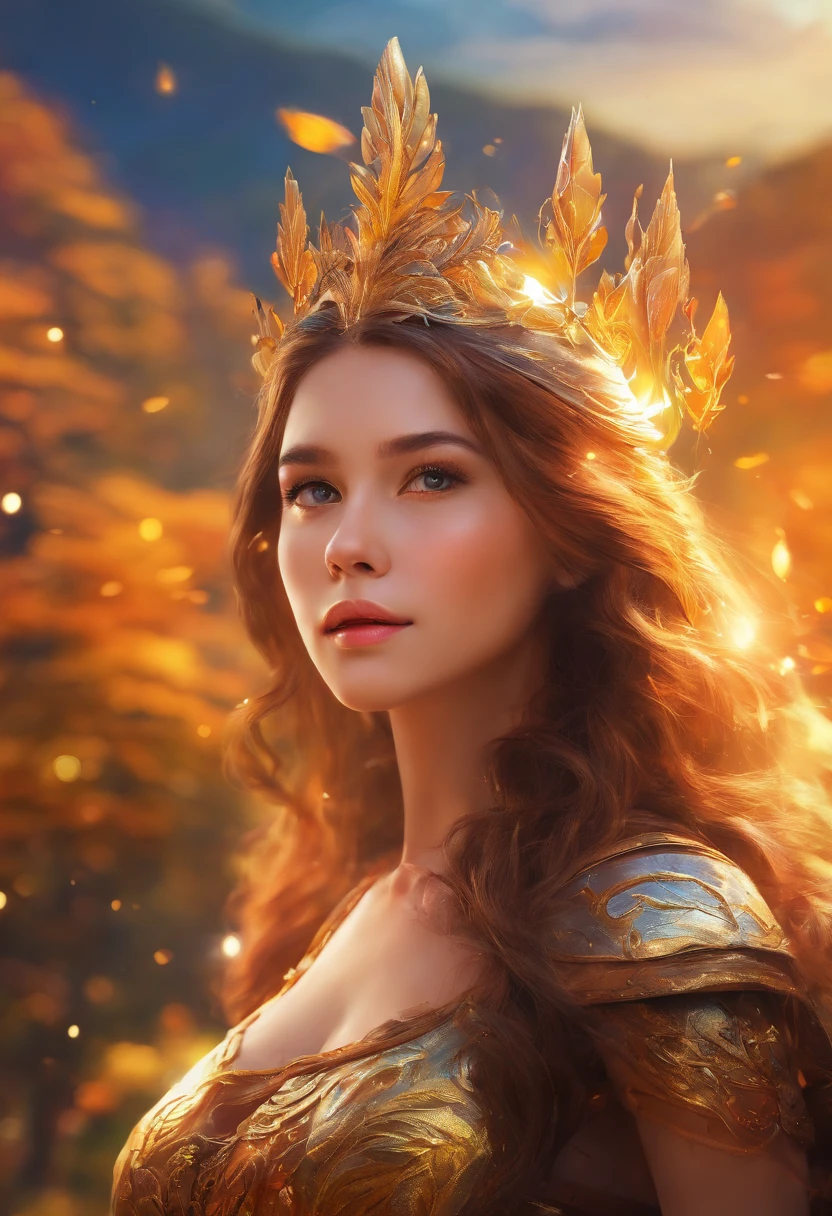 1girl,magic,mountain,brown hair,golden tree,shot from waist up,studying,surprised face,beautiful smile,saturated image,(best quality,4k,8k,highres,masterpiece:1.2),ultra-detailed,(realistic,photorealistic,photo-realistic:1.37),HDR,UHD,studio lighting,extremely detailed eyes and face,sharp focus,long eyelashes,vivid colors,portraits,((strong bokeh blur effect)),warm-toned lighting