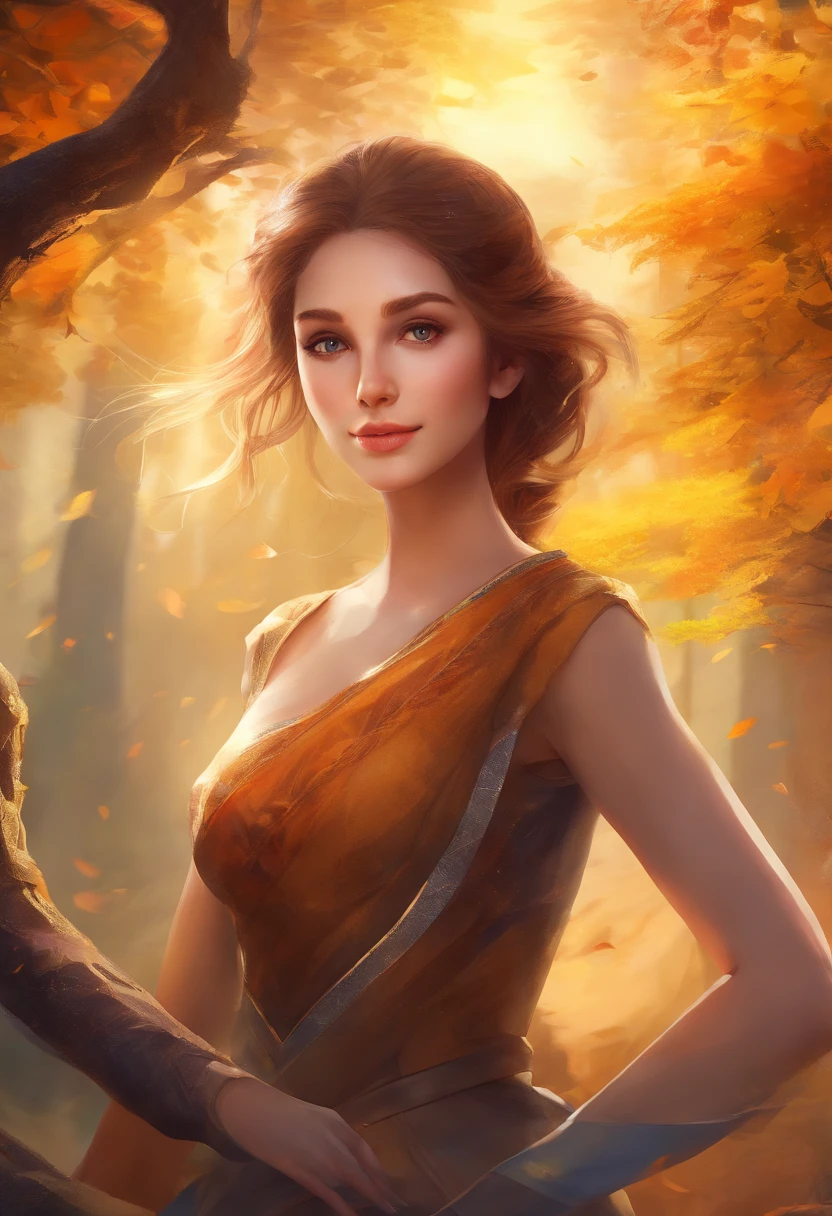 1girl,magic,mountain,brown hair,golden tree,shot from waist up,studying,surprised face,beautiful smile,saturated image,(best quality,4k,8k,highres,masterpiece:1.2),ultra-detailed,(realistic,photorealistic,photo-realistic:1.37),HDR,UHD,studio lighting,extremely detailed eyes and face,sharp focus,long eyelashes,vivid colors,portraits,((strong bokeh blur effect)),warm-toned lighting