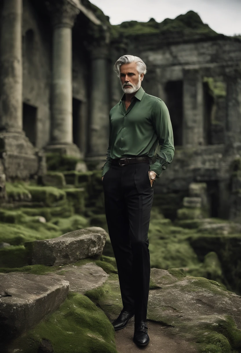 People of a given body, alone, Pistol in his hand., Gray Hair, My locks in moss green tones., Short Hair Hair, ((Black and grey social shirt, Black and gray trousers)), Black Social Shoes, Looks serious., Eyes of light green color., Ancient ruins, Black tie.
