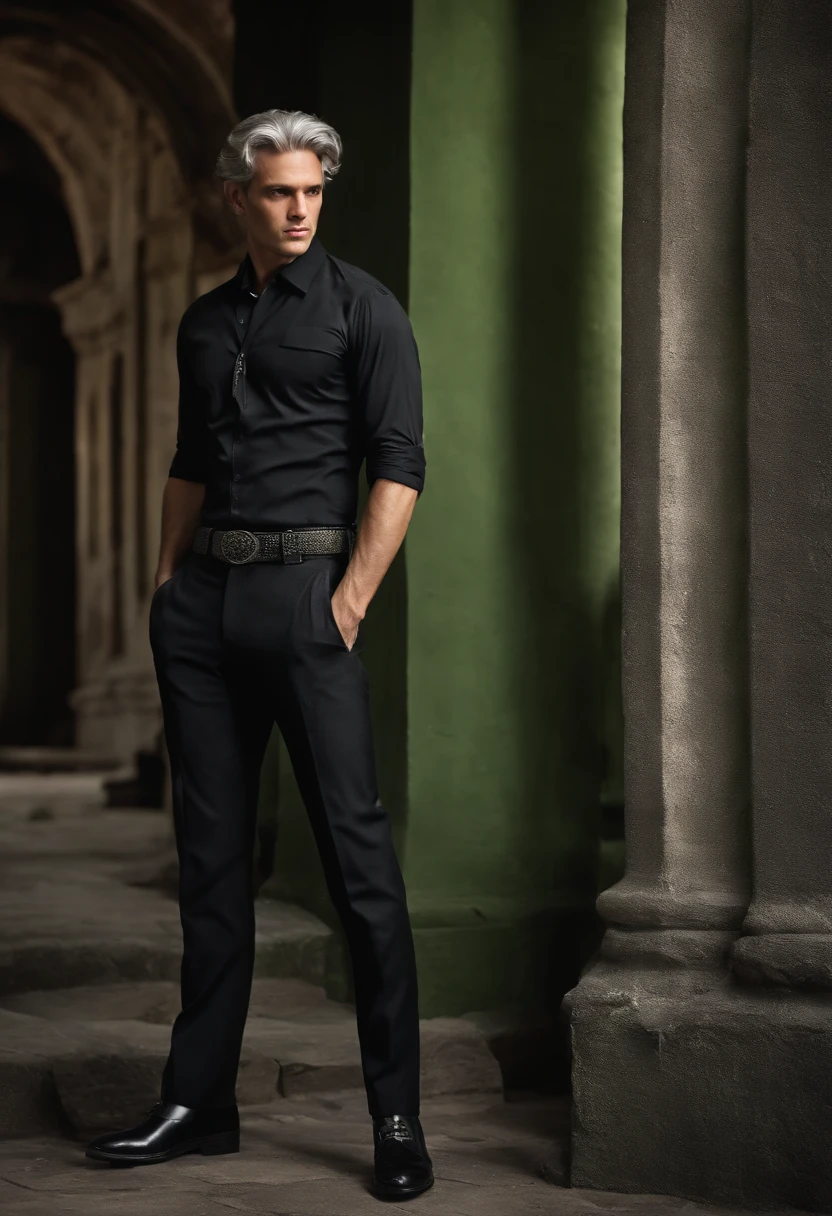 People of a given body, alone, Pistol in his hand., Gray Hair, My locks in moss green tones., Short Hair Hair, ((Black and grey social shirt, Black and gray trousers)), Black Social Shoes, Looks serious., Eyes of light green color., Ancient ruins, Black tie.