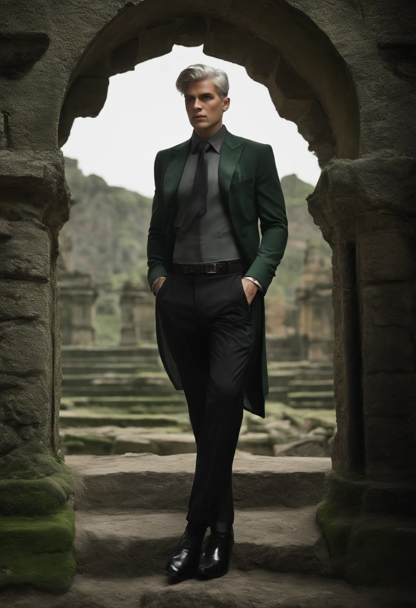 People of a given body, alone, Pistol in his hand., Gray Hair, My locks in moss green tones., Short Hair Hair, ((Black and grey social shirt, Black and gray trousers)), Black Social Shoes, Looks serious., Eyes of light green color., Ancient ruins, Black tie.