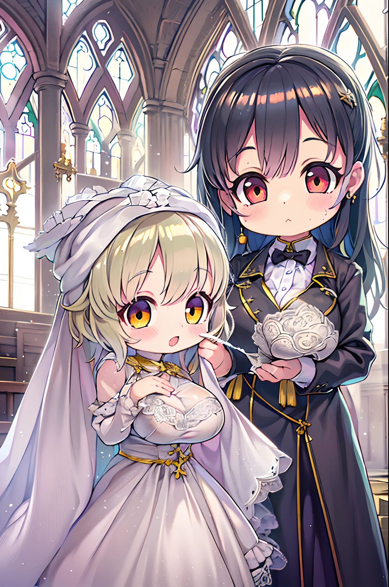 High resolution, Best Quality, masutepiece, Ultra high definition, Ultra high definition, .。.3D, Anime, Illustration, In a church、wedding hall、Two women in wedding dresses、2girls,girl1:bbw、huge-breasted、、Chibi adorable,Black hair,Bob-cut hair,huging、stare、weddingdress、Girl 2:adolable,A pink-haired,Long grey hair,huge-breasted、huging、stare、weddingdress、Chibi