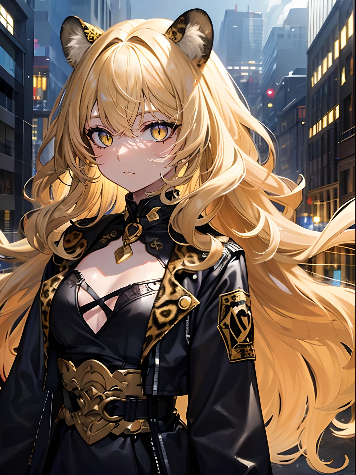 (masterpiece,best quality,ultra-detailed),1girl, curly hair,messy hairstyle,mane,dark yellow hair with black spots,leopard ears,beautiful and detailed eyes,small chest,small breasts,animal print jacket,close jacket,(grey theme),looking at viewer,in the city