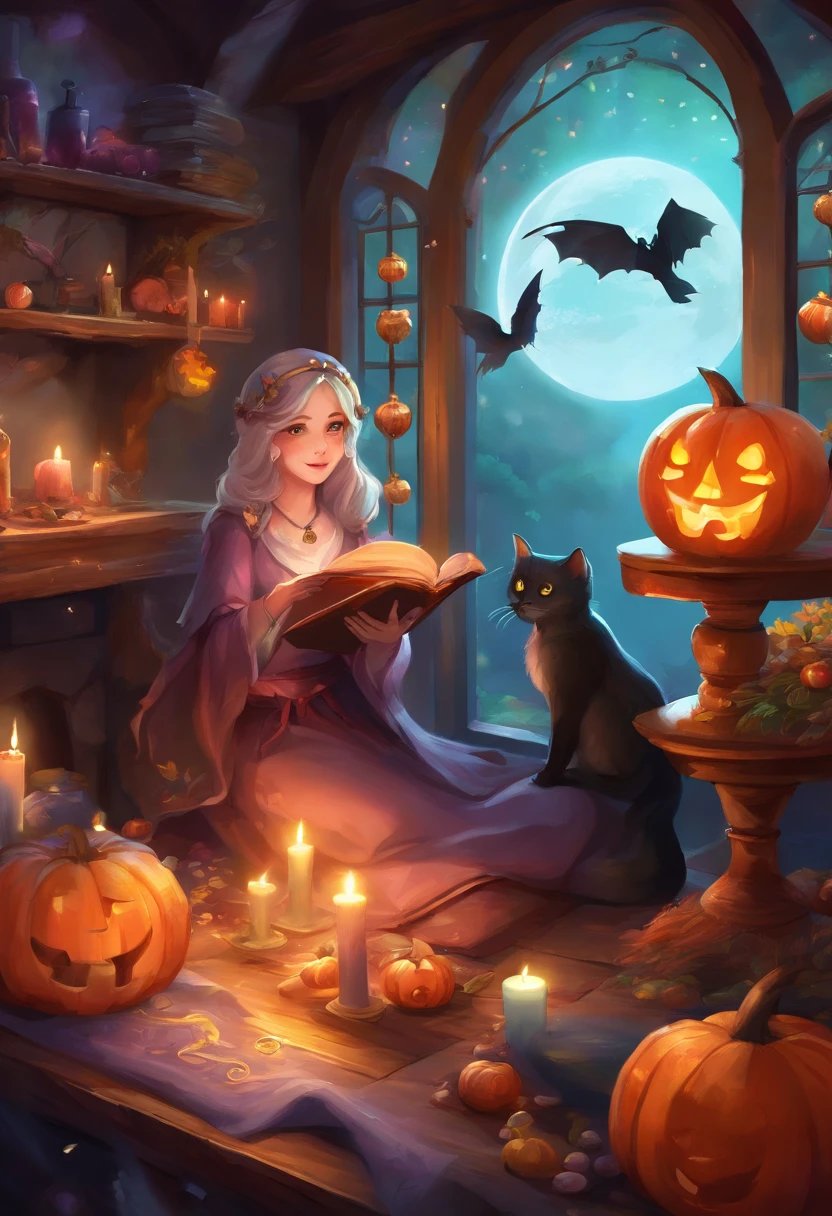 high-level image quality、8K、the detailed images、Halloween、candies、Young witch、house in forest、Moonlight shines through the window、Sweets, candles and crystal balls on wooden table、Cute fortune teller、black cat、
