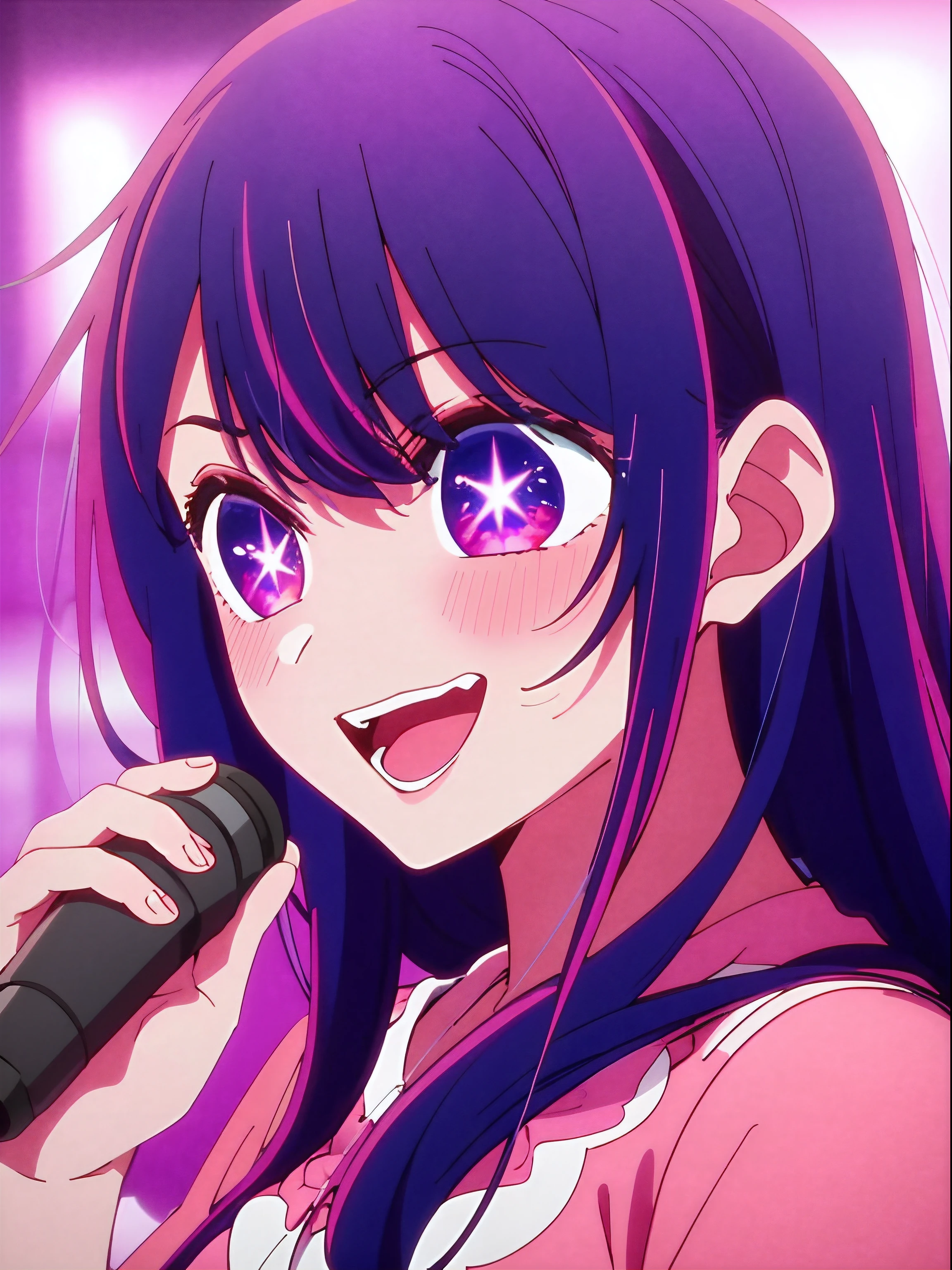 巨作、higly detailed、(1 girl in:1.2)、Purple hair color、pink dress、Big Eye、close up shot、smile、8k、Ai Hoshino、A venue for live performances、Artificial Intelligence Bose, 1Girl in, 独奏, smile, open mouth, one closed, star (symbol), Symbol-Shaped Pupils, pointing, microphone, simple backround、sweats
