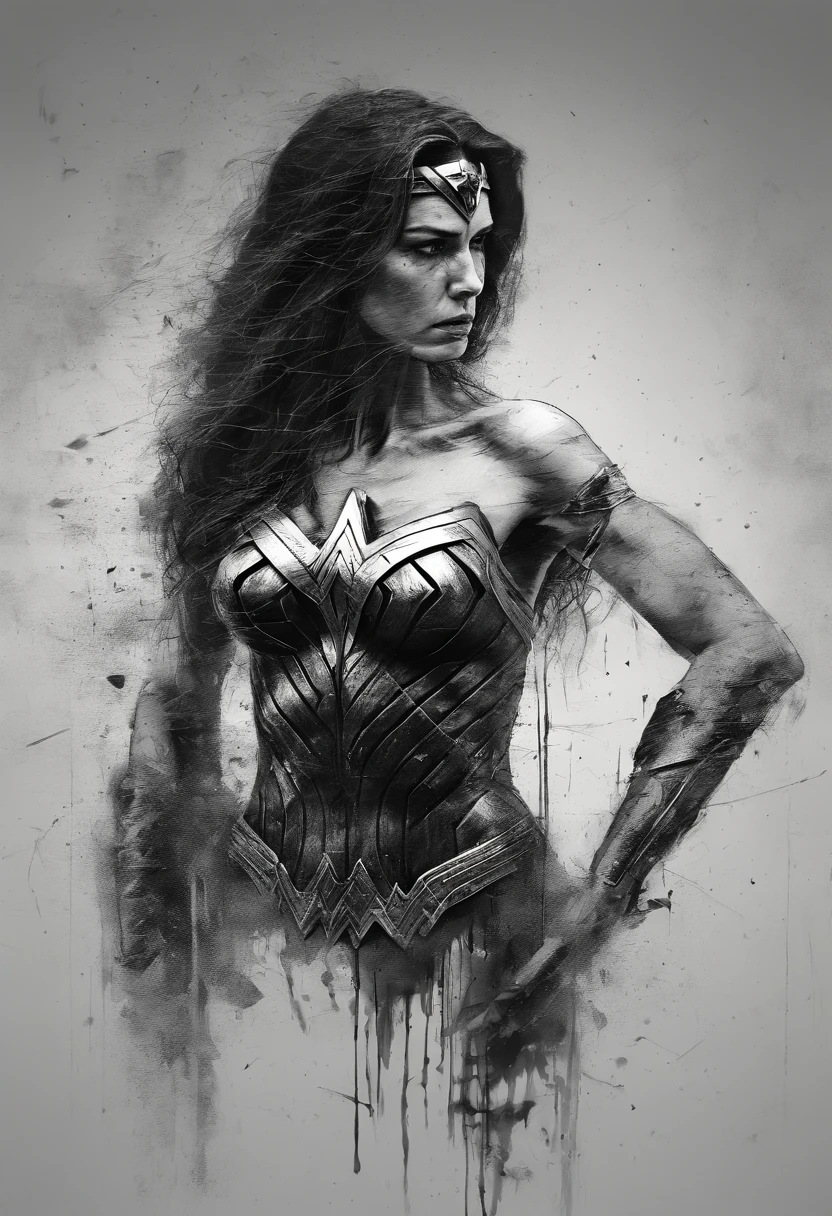 wonder woman, Perfect centralization, coelho (franco)de Donnie, Standing position, beleza abstrata, Centrado, looking at the camera, Facing the camera, nearing perfection, triste, desespero, corpo inteiro, hands on her head, Dynamic, altamente detalhado, liso, foco nítido, 8k, high-definition resolution, illustration, arte de Carne Griffiths e Wadim Kashin, fundo branco