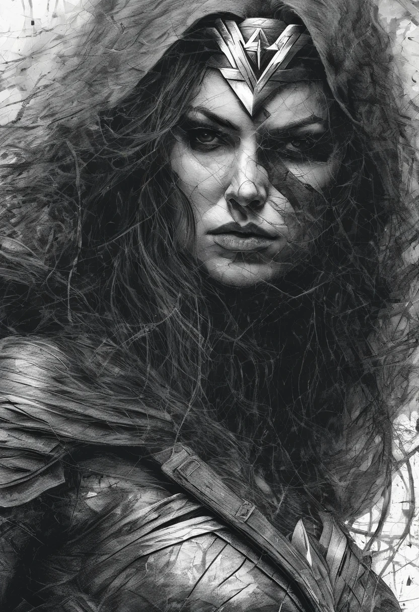 wonder woman, Perfect centralization, coelho (franco)de Donnie, Standing position, beleza abstrata, Centrado, looking at the camera, Facing the camera, nearing perfection, triste, desespero, corpo inteiro, hands on her head, Dynamic, altamente detalhado, liso, foco nítido, 8k, high-definition resolution, illustration, arte de Carne Griffiths e Wadim Kashin, fundo branco
