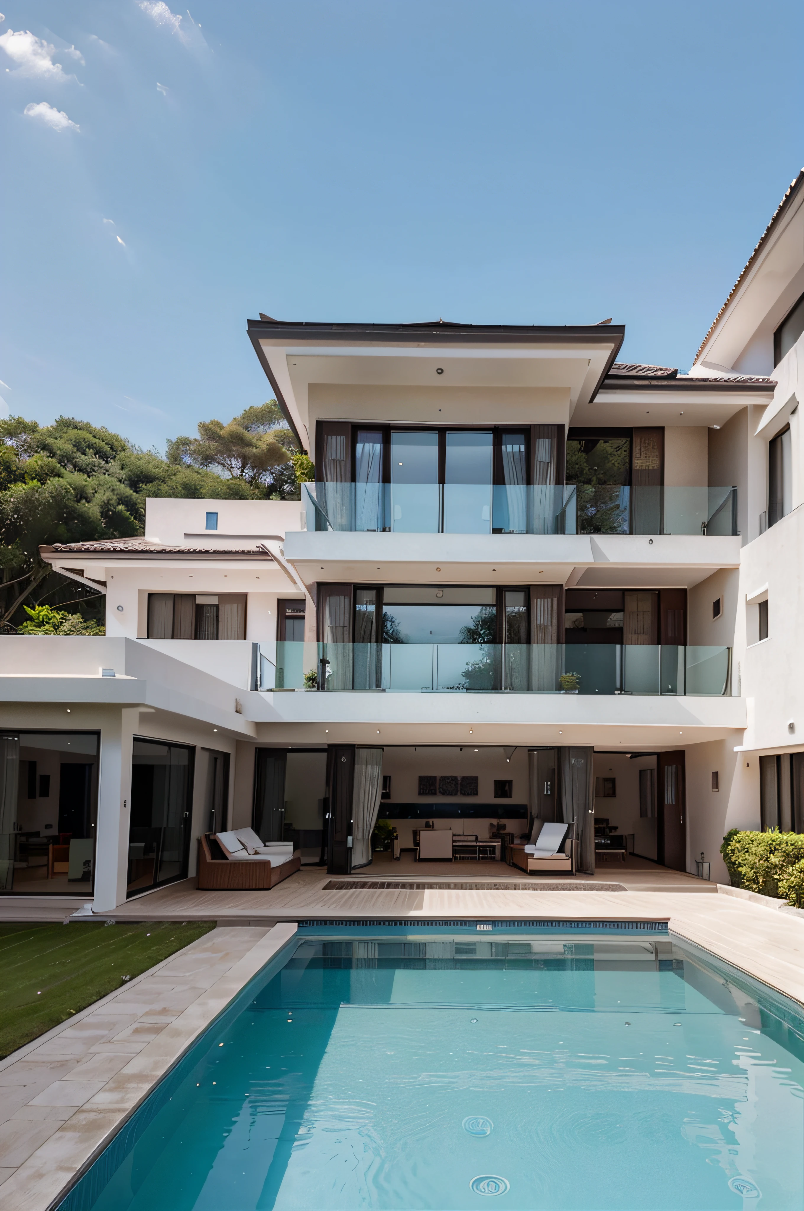 Exterior of beautiful modern house with solar panels on roof. Luxury villa with terrace and swimming pool