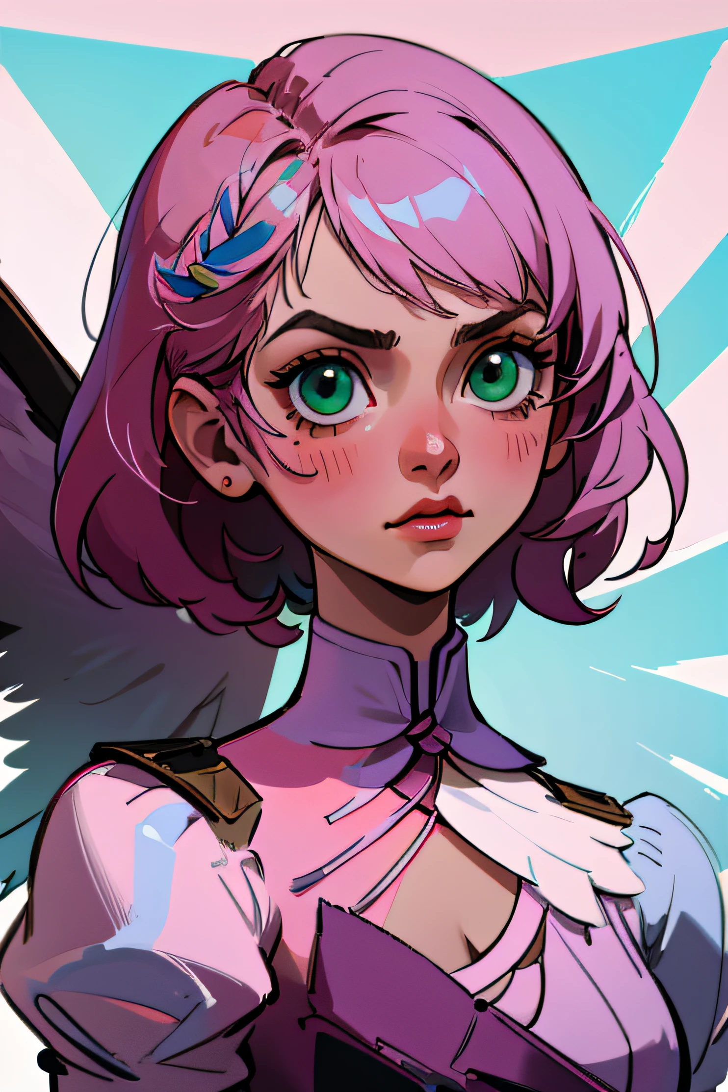 Alisa bosconovitch, melhor qualidade, contemporary, estilo plano, minimalismo, Green Eyes Flat Illustration, cabelo rosa, cabelo curto, cabelos multicoloridos, Camisa Preta, mechanical wings, Head Portrait Close-U, peito pontudo, decote, super decote, middlebreasts, Tekken，hand-painted，Desenho de linha sem cor, Tekken Alisa Bosconovich pink lips, no estilo da paleta de cores suave aurorapunk, an anime illustration of his face, gifs animados, hand drawn animation, charming sketches, suave e brilhante, romantismo nebuloso, estilo superflat, fundo branco - ar 1:1 - niji 5 - estilo expressivo --s 50