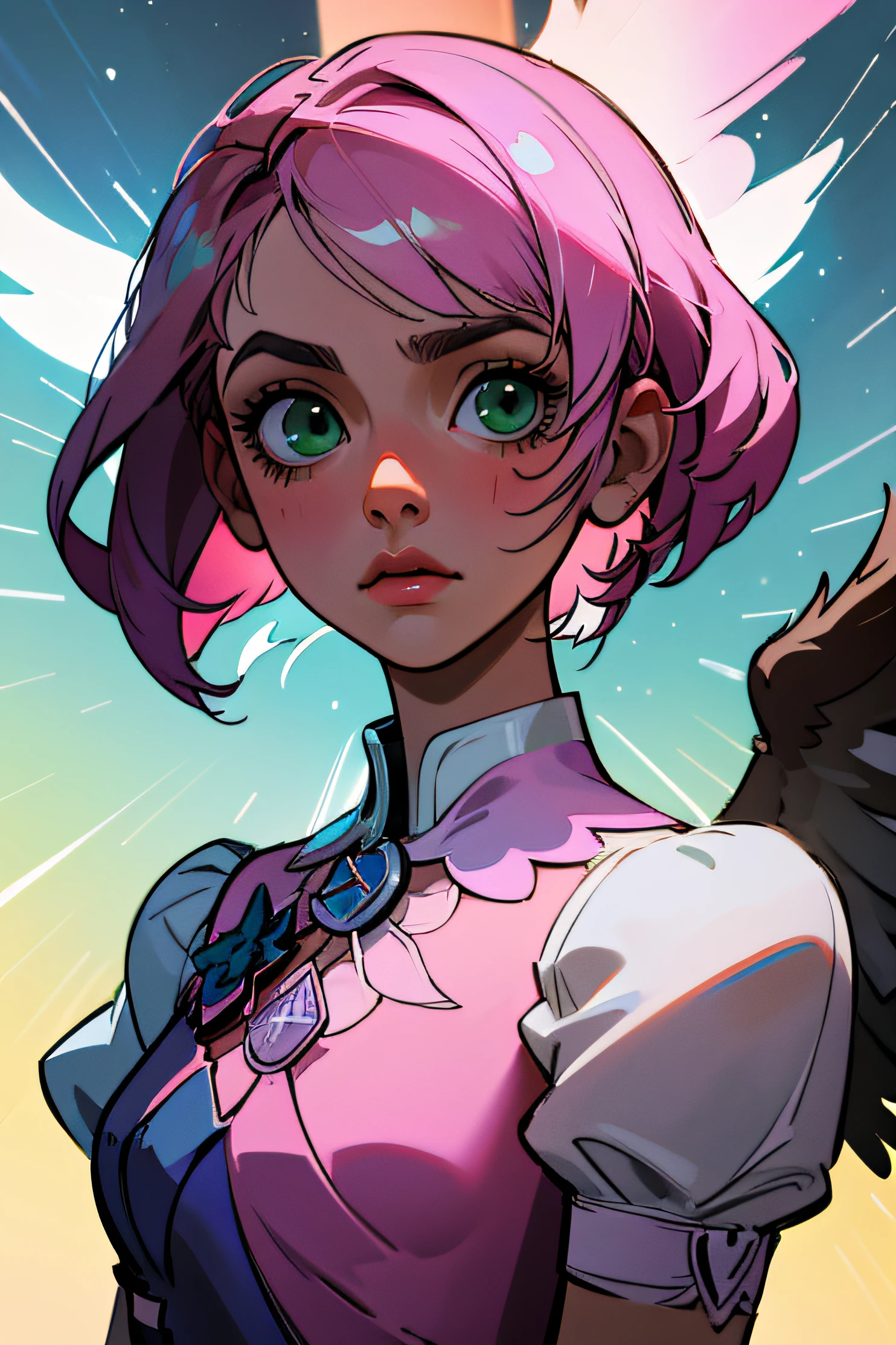 Alisa bosconovitch, melhor qualidade, contemporary, estilo plano, minimalismo, Green Eyes Flat Illustration, cabelo rosa, cabelo curto, cabelos multicoloridos, Camisa Preta, mechanical wings, Head Portrait Close-U, peito pontudo, decote, super decote, middlebreasts, Tekken,hand-painted,Desenho de linha sem cor, Tekken Alisa Bosconovich pink lips, no estilo da paleta de cores suave aurorapunk, an anime illustration of his face, gifs animados, hand drawn animation, charming sketches, suave e brilhante, romantismo nebuloso, estilo superflat, fundo branco - ar 1:1 - niji 5 - estilo expressivo --s 50