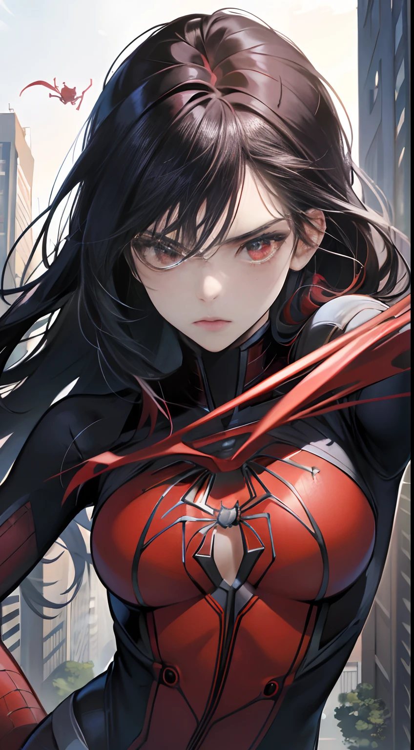 (Best Quality,4K,High resolution), girl with, Red mesh hair on black hair, Long straight hair, sharp eye,Red Eyes,spider girl、Red and blue spider suit,Spider Hero、The trademark of the spider on the chest、Suit with cobweb decoration、Comical appearance,comic strip,animesque,action、Comical illustration,Scene of flying between buildings,Exhilarating action movie-like portrayal、Deformed cute illustration、Near and far law、Facial expression do-up、Expressing the dynamism that jumps in