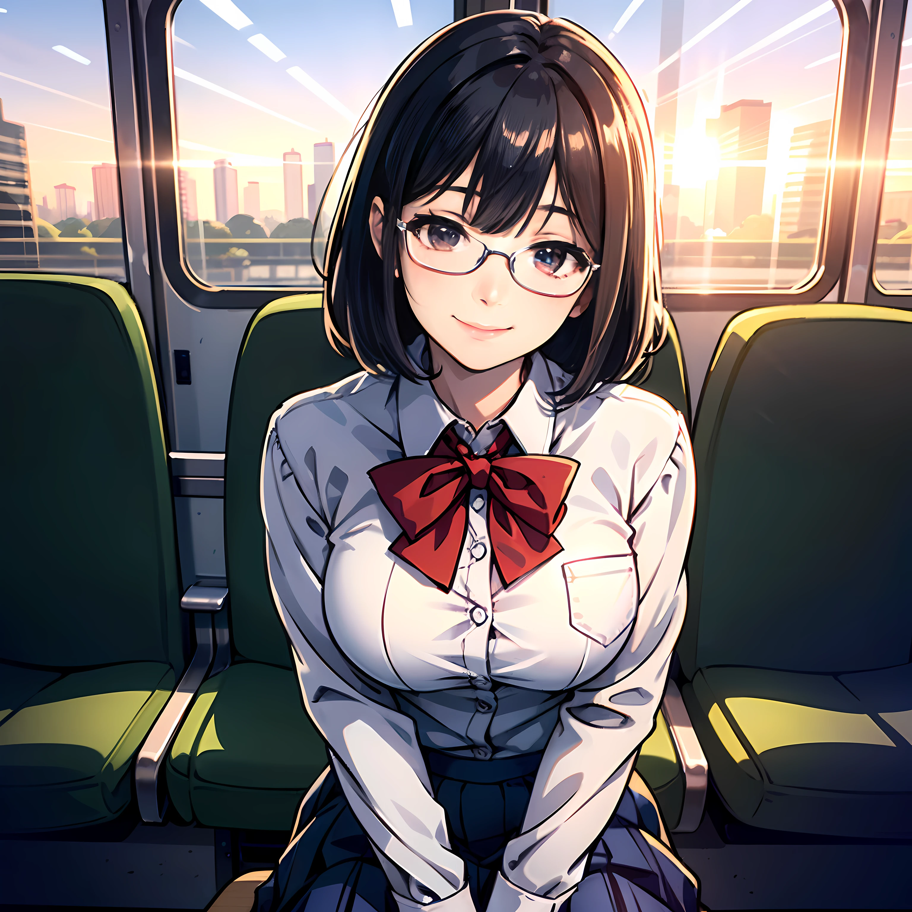Highly detailed CG Unity 8k wallpaper), (Best Quality), (Super Detail), (Best Illustration), (Best Shadow), POV, Realistic lighting and shading, Natural light, Lens flare effect, Dramatic Angle, 1 girl, Sitting, on train, Train seats, Sunset, And (Highly detailed CG Unity 8k wallpaper), (Best Quality), (Super Detail), (Best Illustration), (Best Shadow), POV, Realistic lighting and shading, Natural light, Lens flare effect,BREAK, glasses, school uniform, head tilt, shy smile, blush