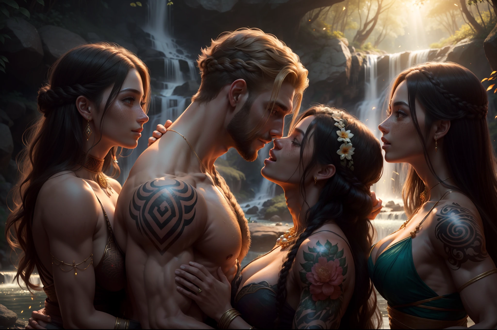 ( 1male tall muscular Handsome barbarian Chad) groping his many female girlfriends( 3female sexy long-haired harem concubine bitches touching and holding) anatomically perfect symmetrical beautiful faces, at a beautiful waterfall, Loving gazes into each other's eyes, dynamic poses,feeling true love, feeling pure ecstacy, freckles, Flirtatious, seductive, joy, tattoos, jewelry, flowers in hair, racially diverse, masterpiece, 8k RAW photo, artstation digital painting, raytracing, backlighting, soft lights, subsurface scattering, bokeh effect, fireflies floating in the air, bright, god rays everywhere, low camera tilted up