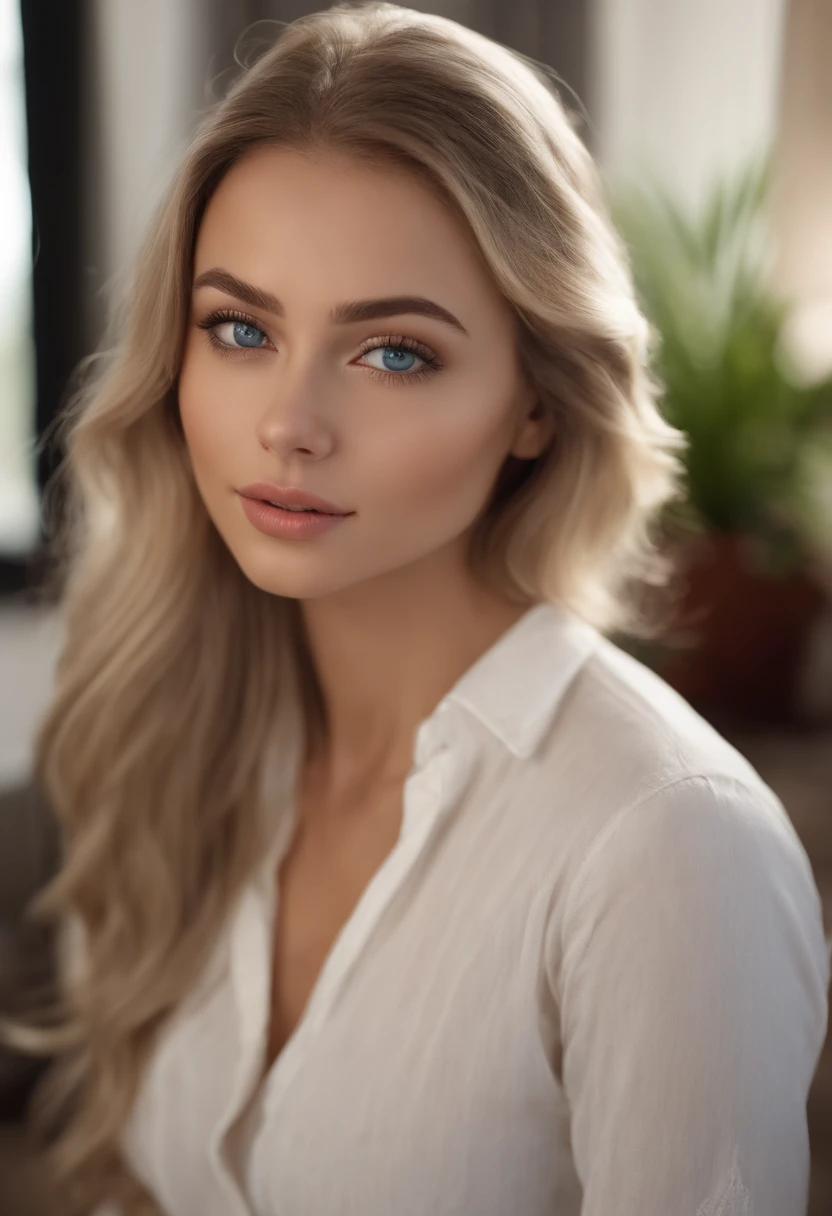 arafed woman fully , sexy girl with blue eyes, ultra realistic, meticulously detailed, portrait sophie mudd, blonde hair and large eyes, selfie of a young woman, bedroom eyes, violet myers, without makeup, natural makeup, looking directly at the camera, face with artgram, subtle makeup, stunning full body shot kneeling on bed, in bedroom, medium to large size bust