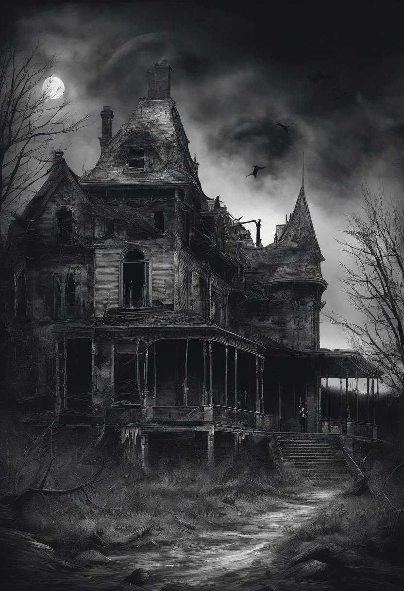 black andwhite,,Classic cartoon characters,mickey mouse,male people,Eyes that fall out of the orbit,Large round ears,Signature red shorts,white long gloves,Walk slowly,be desperate,middle of nowhere,Building on fire,Collapsed houses,big laughter(The mouth extends behind the ears),Famous Disney figures,Scary atmosphere