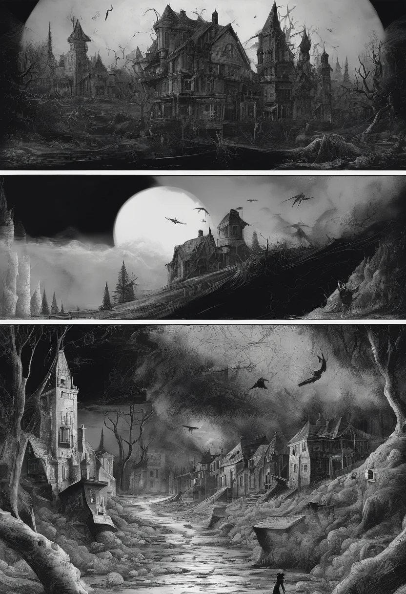 black andwhite,,Classic cartoon characters,mickey mouse,male people,Eyes that fall out of the orbit,Large round ears,Signature red shorts,white long gloves,Walk slowly,be desperate，middle of nowhere,Building on fire,Collapsed houses,big laughter(The mouth extends behind the ears),Famous Disney figures，Scary atmosphere